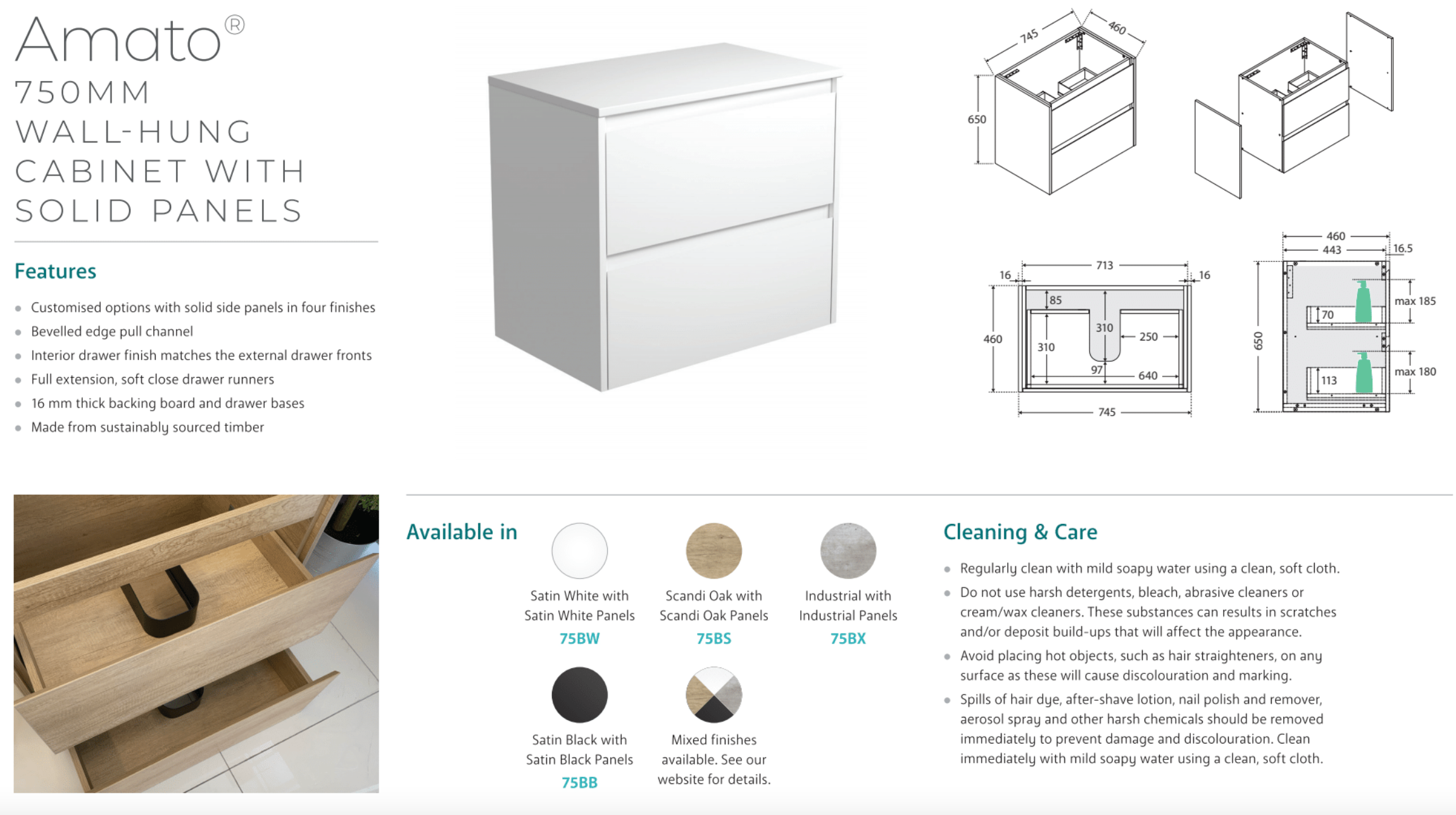 Fienza 75BXW Amato 750 Wall Mounted Bathroom Vanity Cabinet - Satin White Finish, Industrial Style (Cabinet Only) - Perfect for Modern Bathrooms & Powder Rooms