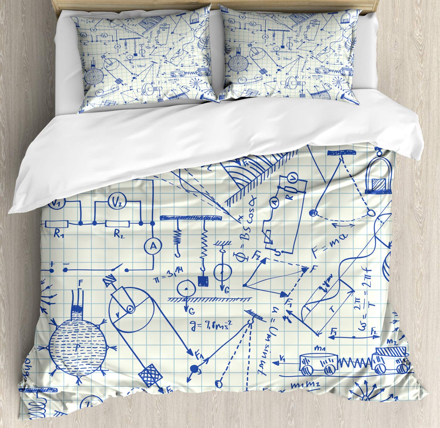 Ambesonne Physics Duvet Cover Set - Technical Formula & Drawings on Notebook Paper Design, 3-Piece Queen Size Bedding Set with 2 Pillow Shams in Ivory Indigo | Science Themed Bedroom Decor for Students, Teachers & Physics Enthusiasts