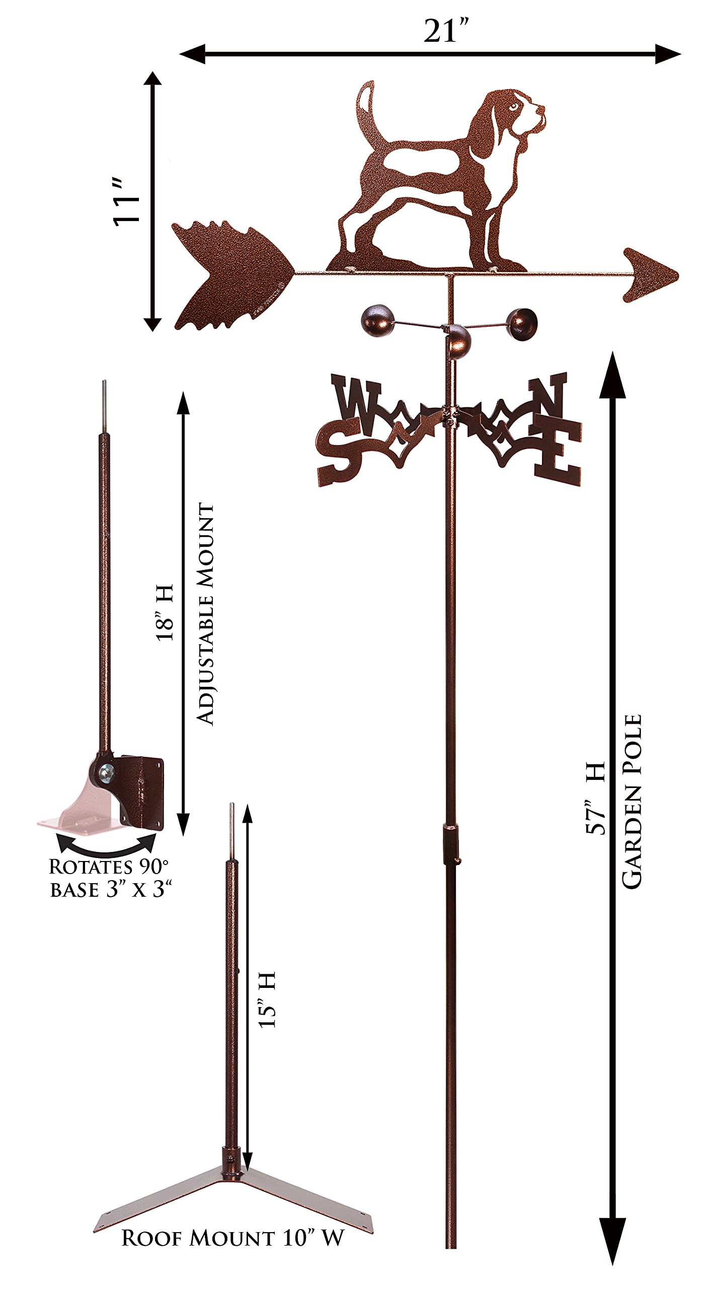 Handmade Beagle Dog Adjustable Mount Weathervane - SWEN Products | Outdoor Garden Decor for Yard, Patio & Farmhouse Style