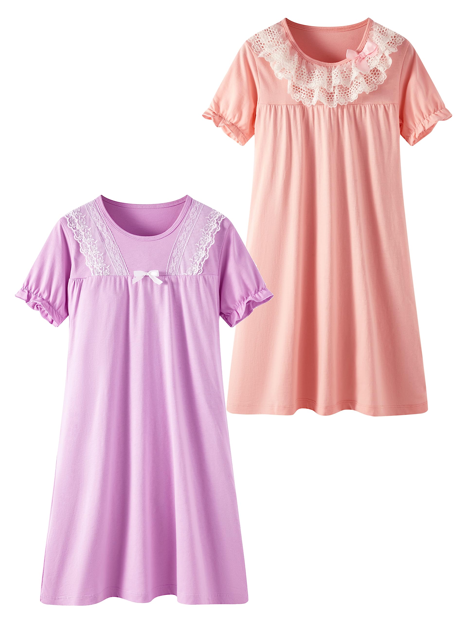 Vintage Princess Nightgown for Girls 2-Pack - Short Sleeve Toddler Nightdress Dress Ages 5-12 Years | Cute Sleepwear for Bedtime & Sleepovers
