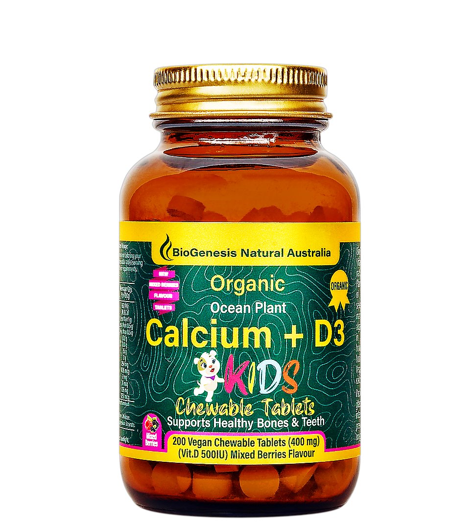 Organic Chewable Ocean Plant Calcium + Vitamin D3 Supplement - 200 Tablets, Mixed Berry Flavor for Bone Health & Immune Support - Ideal for Adults & Kids