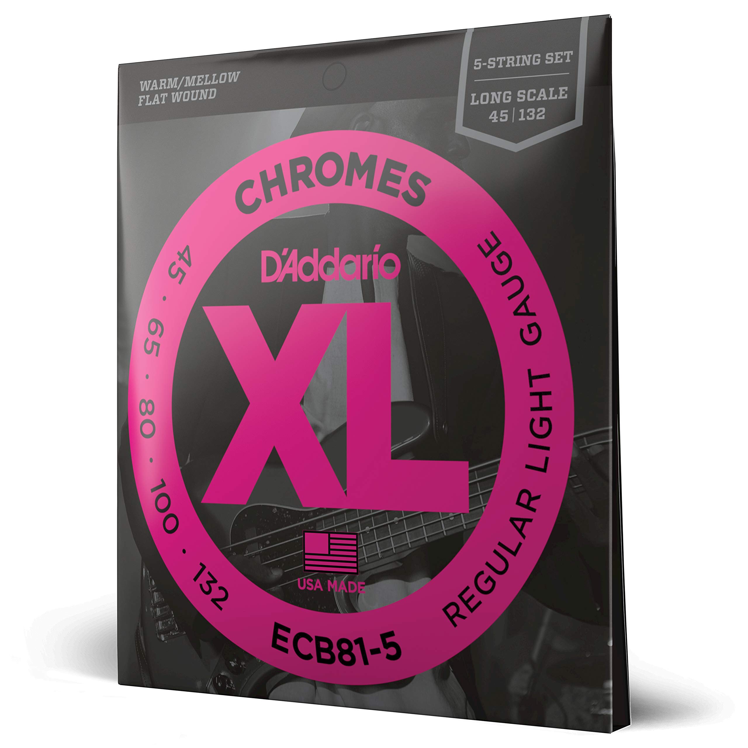 D'Addario XL Chromes Flat Wound Bass Guitar Strings - ECB81-5 - 5 String Set - Long Scale - Regular Light Gauge (45-132) - Smooth Feel & Warm Tone - Perfect for Jazz, Blues & Studio Recording