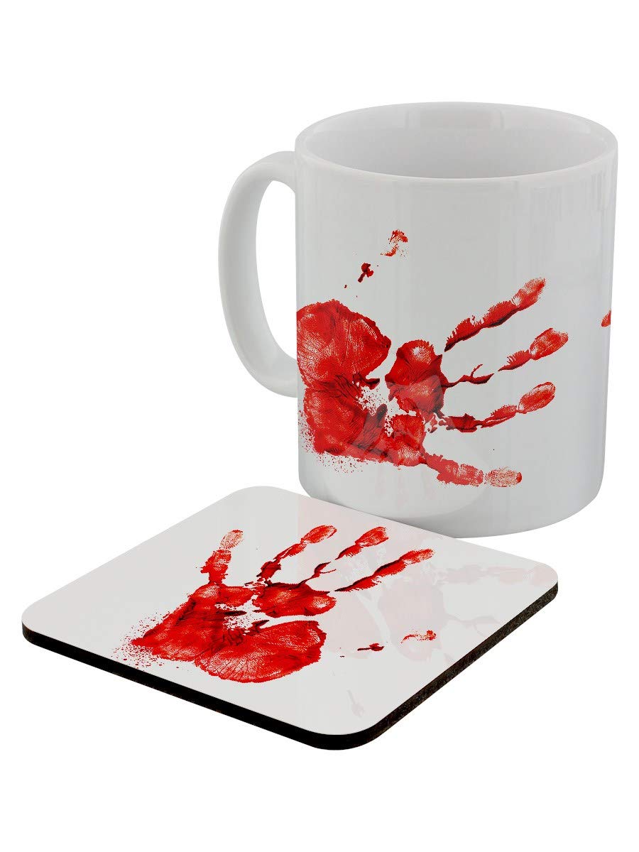 Spooky Bloody Hand Print Mug & Coaster Set - Halloween Coffee Cup with Creepy Design - Perfect for Horror Movie Nights & Halloween Party Decor