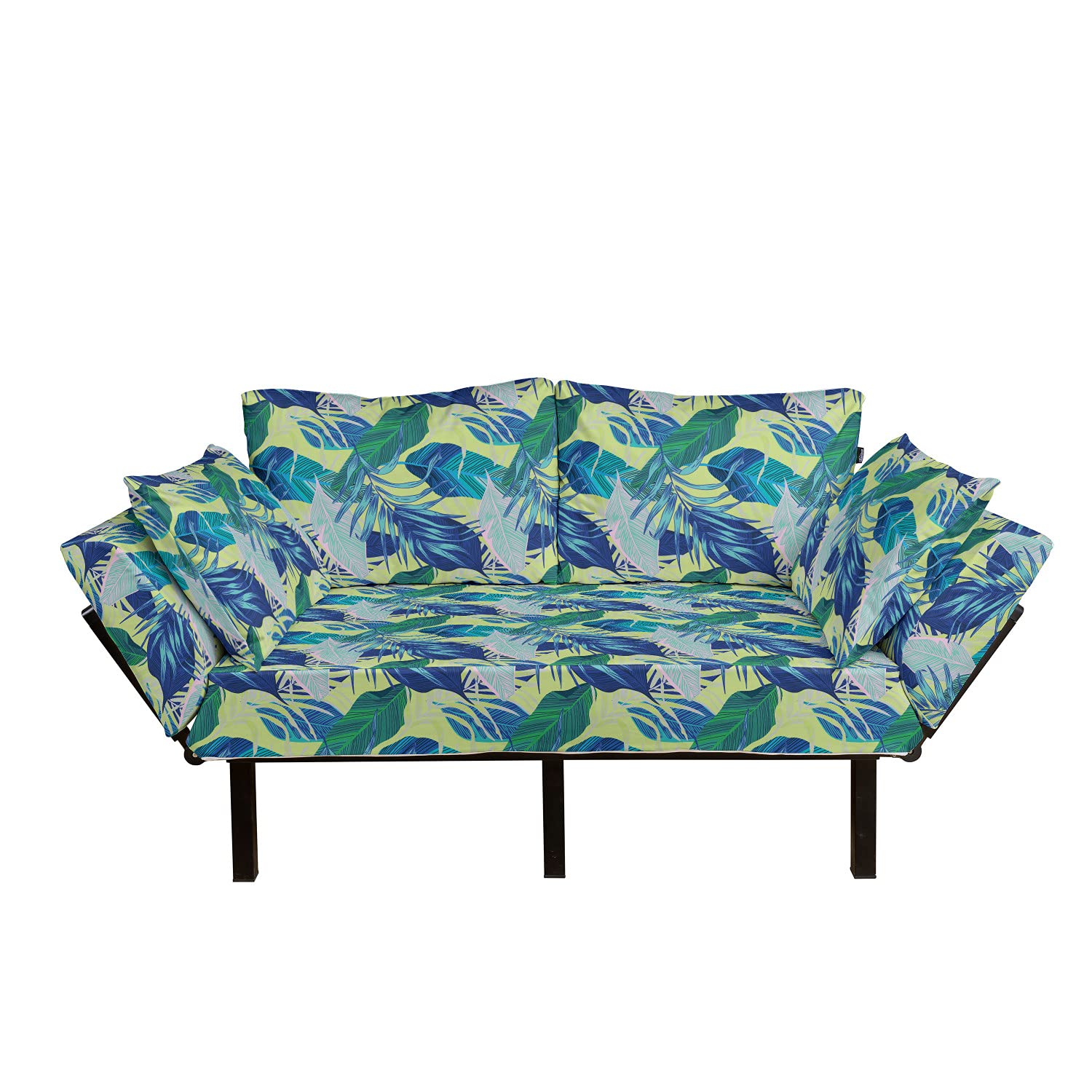 Ambesonne Tropical Futon Couch - Abstract Exotic Rainforest Jungle Plants Design, Upholstered Metal Frame Daybed Sofa for Living Room, Dorm, Loveseat | Perfect for Small Spaces, Guest Rooms & Boho Home Decor