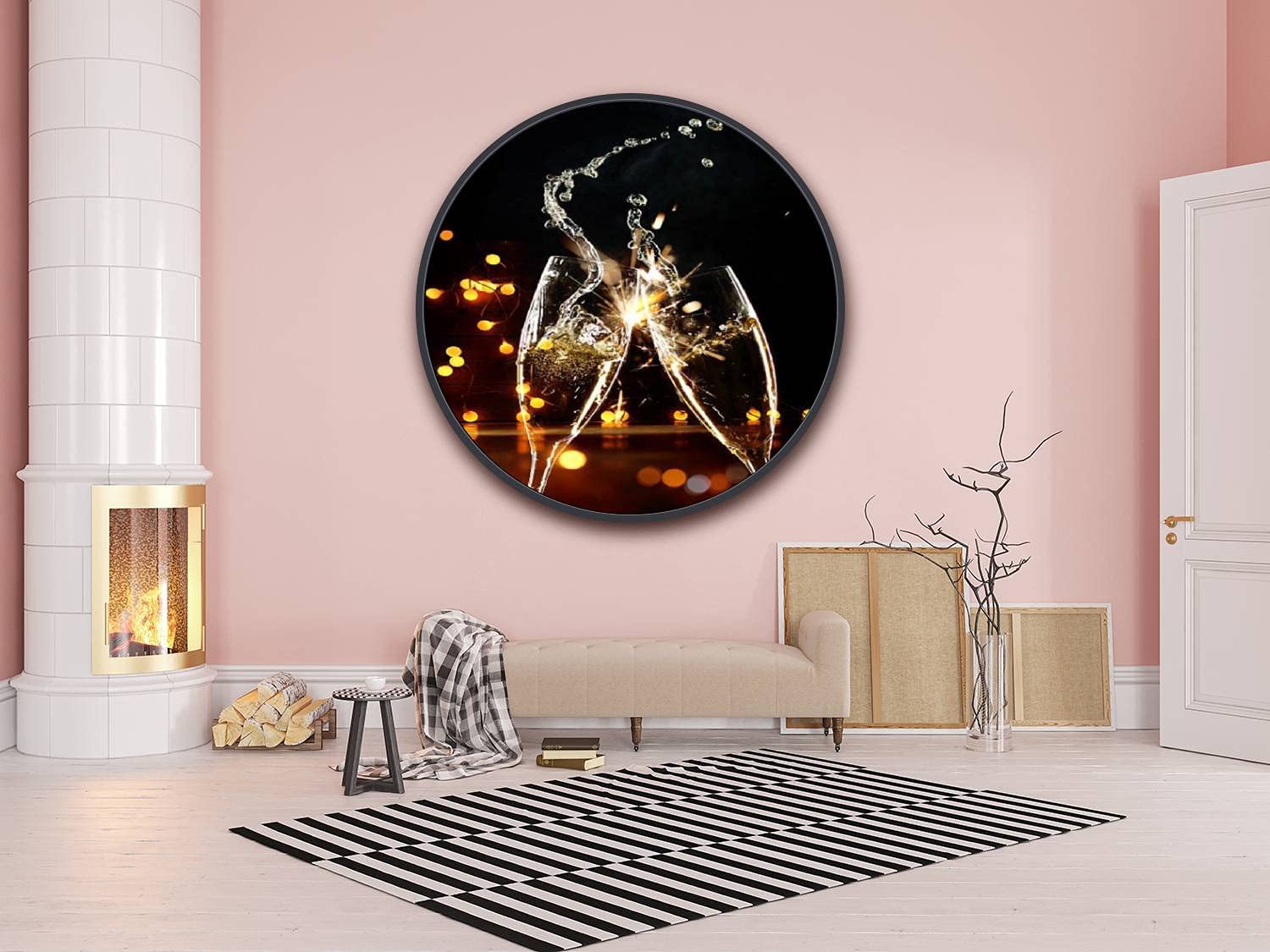 Champagne Glasses Wall Art - Round Framed Canvas Painting with Black Frame (24 Inch Diameter) - Ready to Hang Home Decor for Living Room, Bedroom, Dining Room | Perfect for Wedding Gifts, Housewarming & Party Decorations