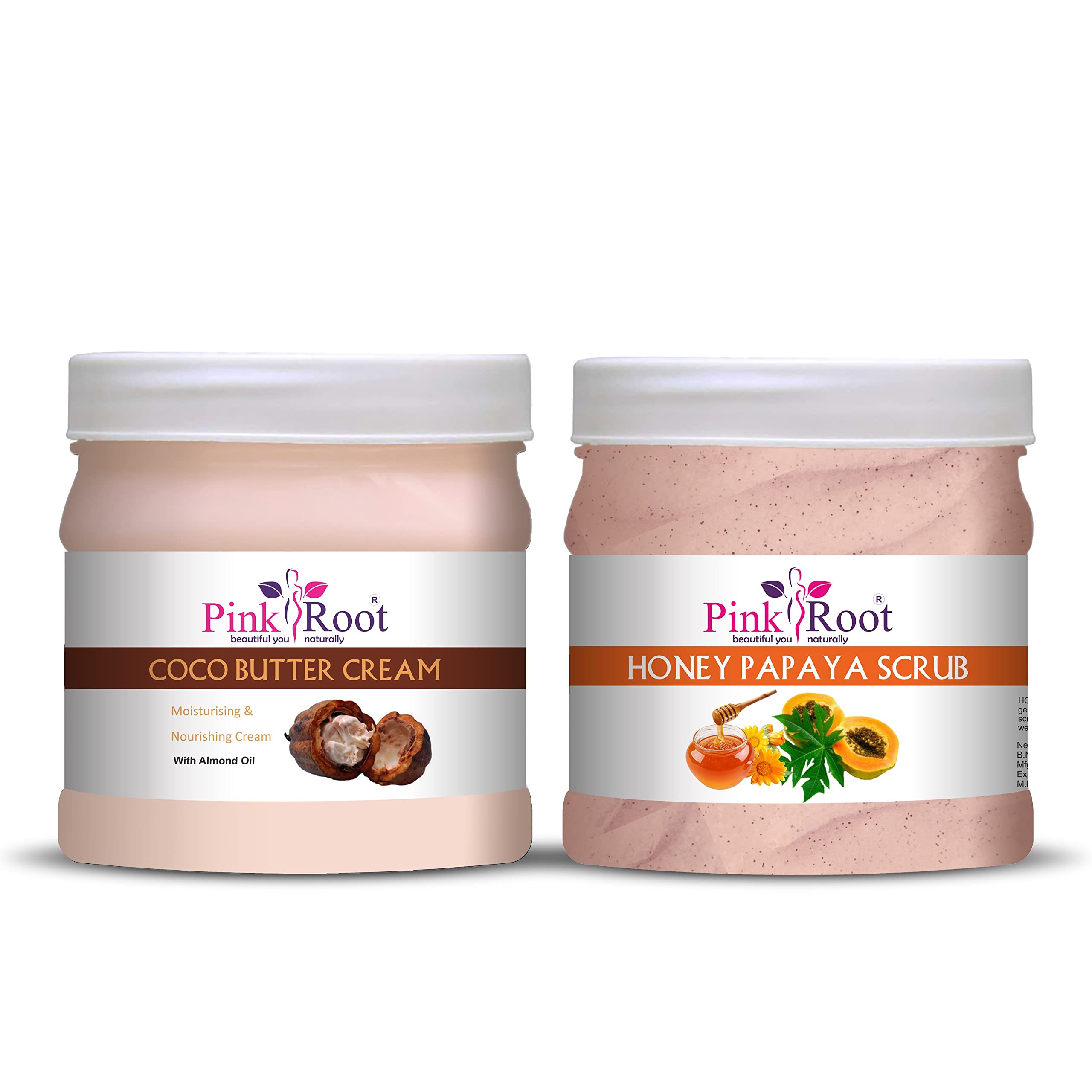 Organic Pink Root Cocoa Butter Cream & Honey Papaya Scrub Set - 500ml Each - Deep Moisturizing & Exfoliating for Dry Skin - Perfect for Body Care & Spa Treatment at Home