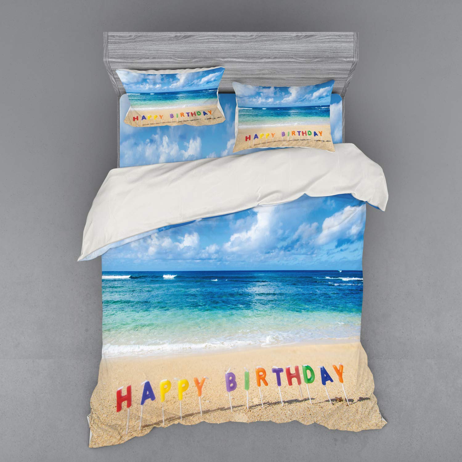 Ambesonne Tropical Beach Birthday Bedding Set - Queen Size 4-Piece Duvet Cover with Shams & Fitted Sheet - Hawaiian Themed Happy Birthday Decor for Bedroom Parties & Surprise Celebrations