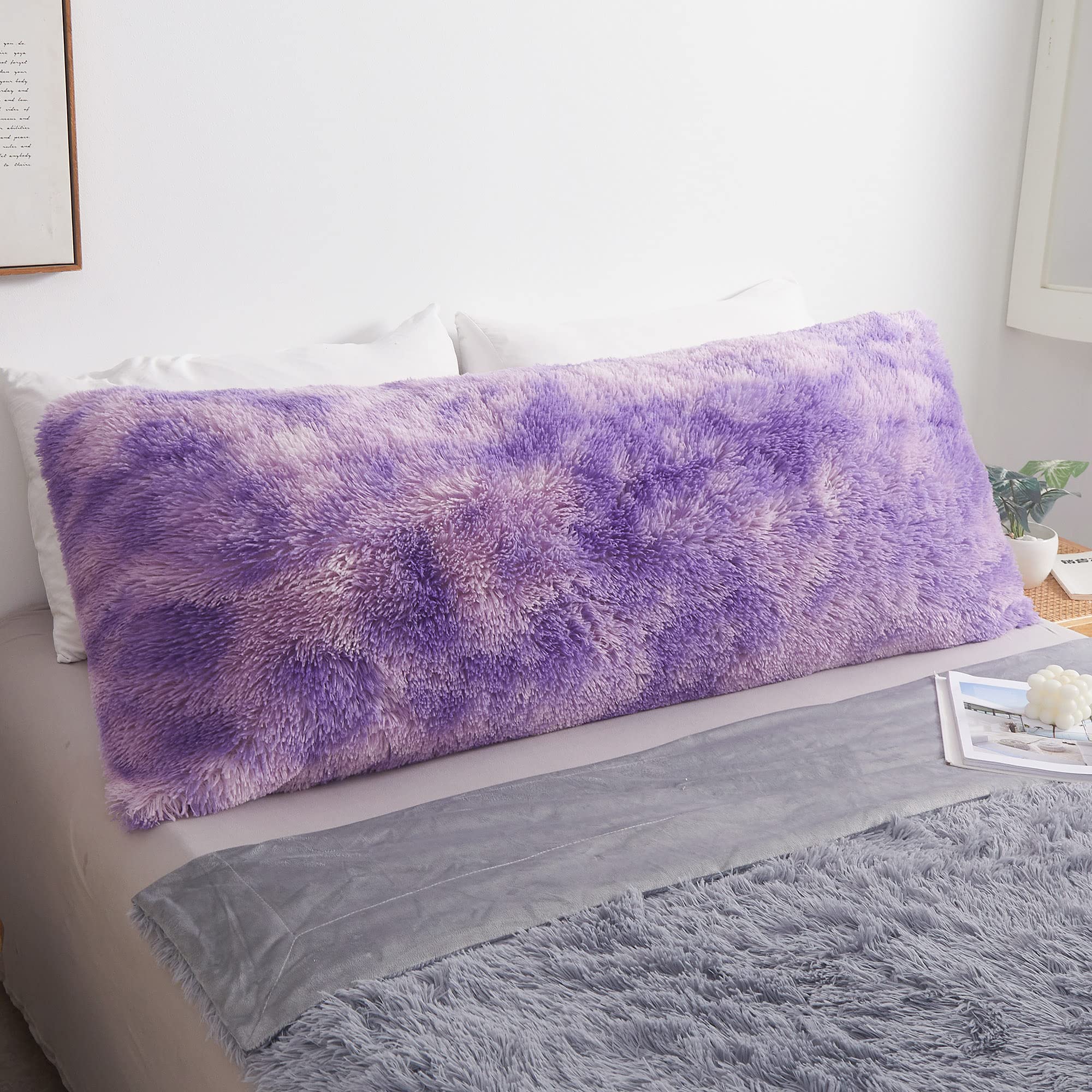 **MEGO Tie Dye Fluffy Body Pillow Cover - 21x54 Inches Shaggy Faux Fur Pillow Case, Light Purple Plush Fuzzy Pillowcase with Zipper, Soft Hug Pillow for Bed, Couch & Dorm Decor - Lavender Tie Dye Design**    *(Use for cozy naps, home decor, or as a stylish accent pillow on your bed, sofa, or reading nook.)*