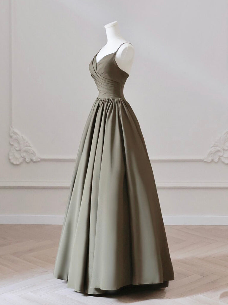 Elegant Olive Green A-Line V-Neck Satin Long Prom Dress for Women | Formal Evening Gown for Homecoming, Wedding Guest & Special Occasions