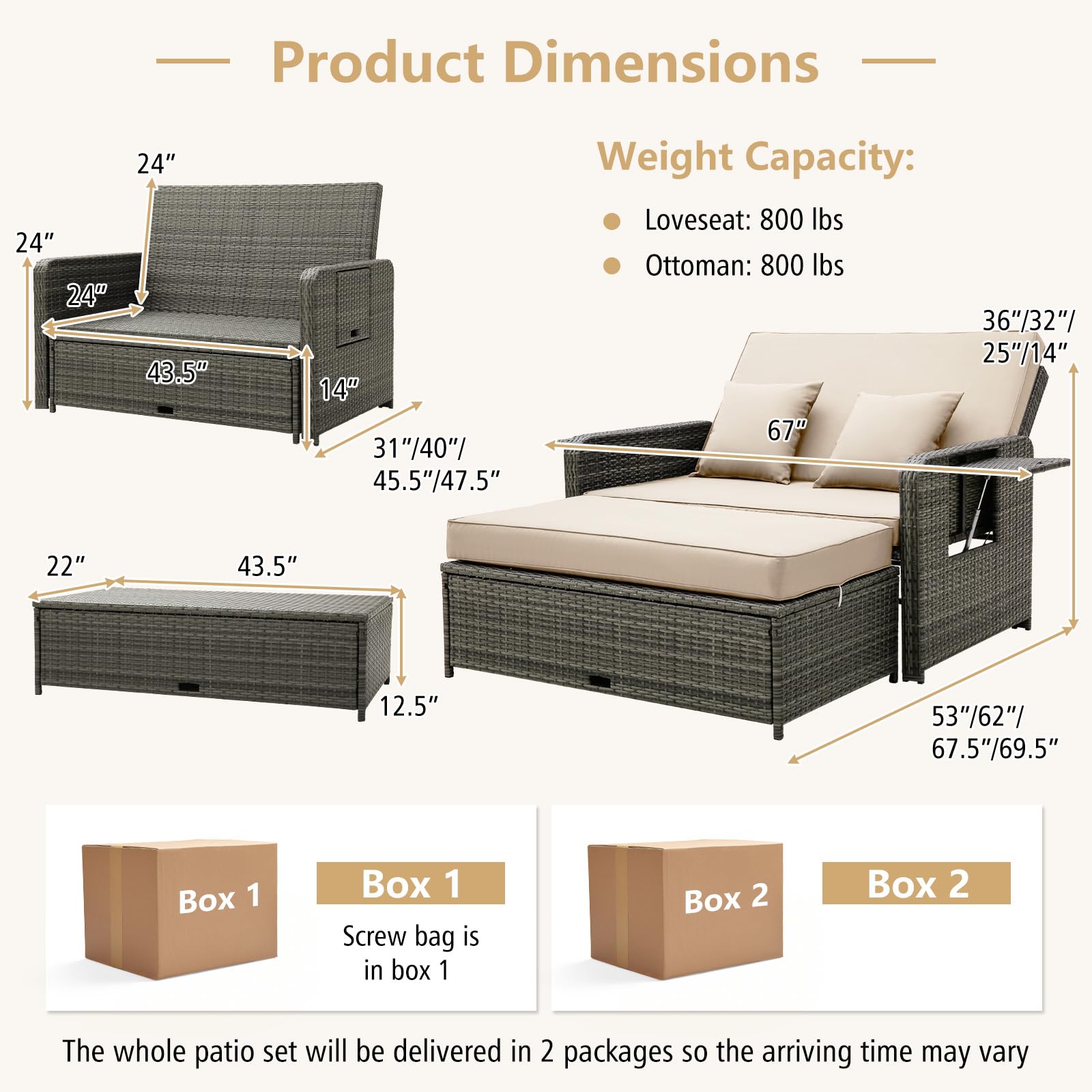 Tangkula Patio Rattan Daybed Set with Adjustable Backrest - Wicker Loveseat Sofa, Ottoman & Retractable Side Tray - Outdoor Furniture with Storage Footstool & Cushions - Perfect for Poolside, Garden or Patio Relaxation