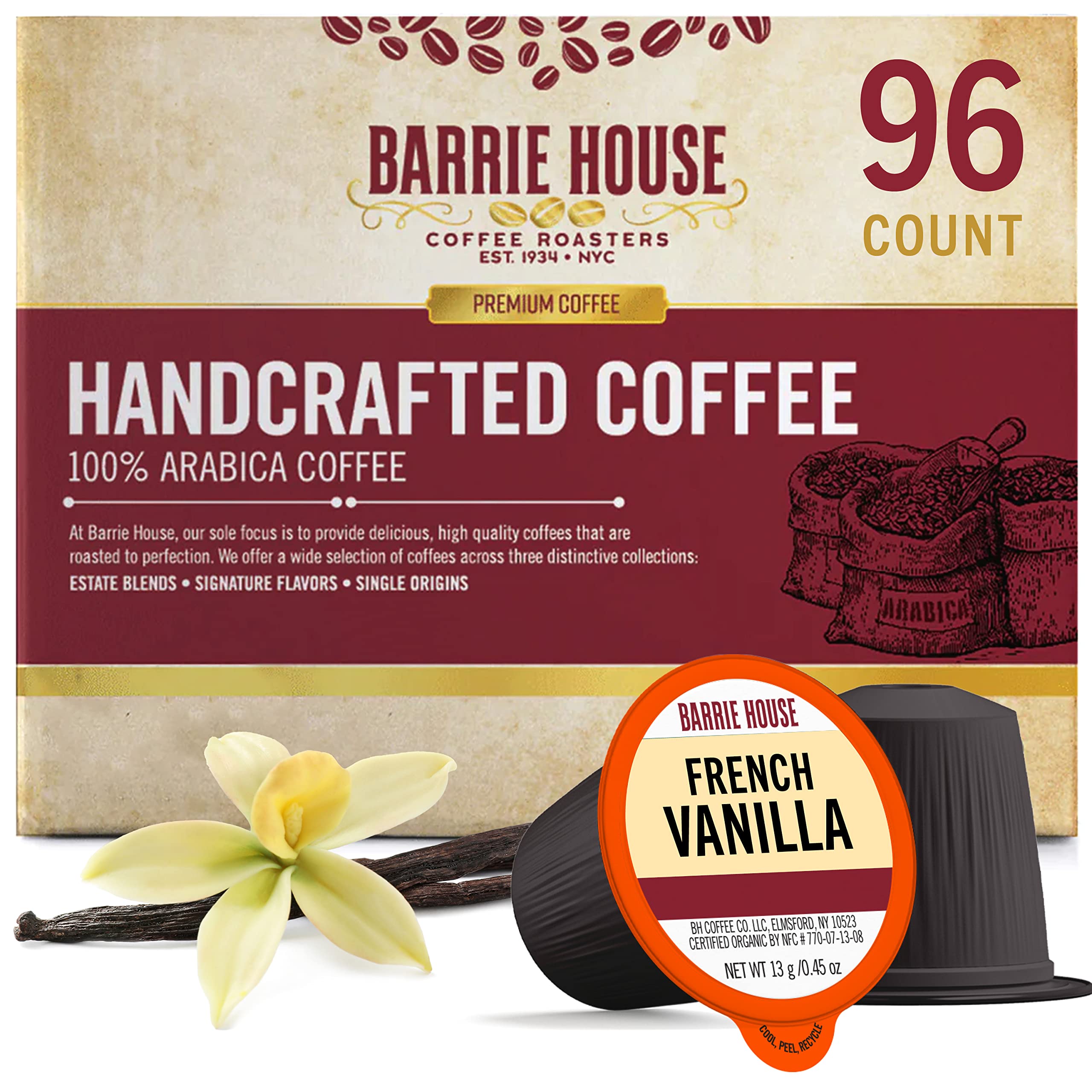 Barrie House French Vanilla Flavored Coffee Pods 96 Count - Compatible with Keurig K-Cup Brewers, 100% Arabica Single Serve Coffee, Artificially Flavored | Perfect for Home, Office & Breakfast Time