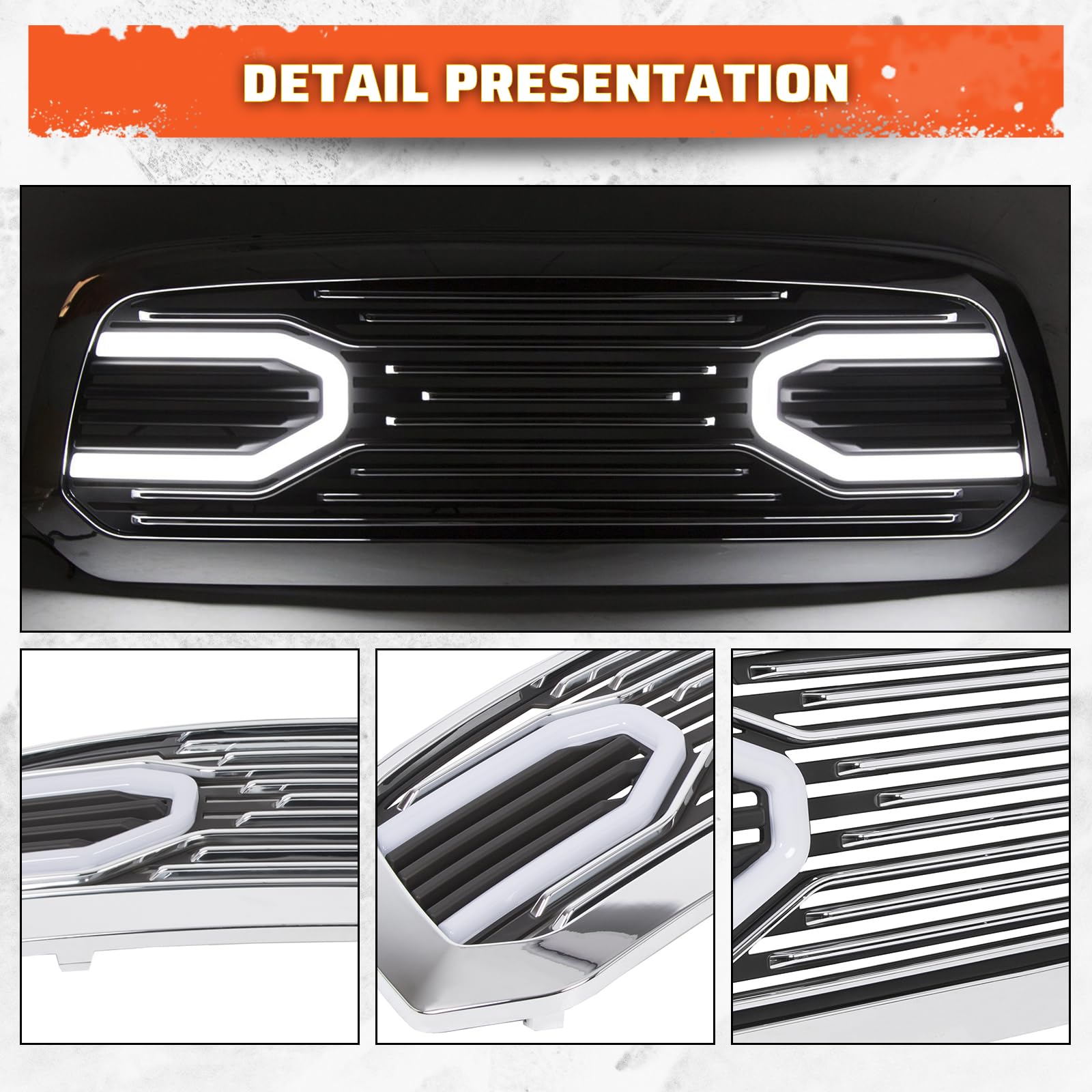 ECOTRIC Chrome Front Grill with LED Light Compatible with 2013-2018 Dodge RAM 1500 | Big Horn Hood Grille Replacement Shell | Perfect for Off-Road & Truck Customization