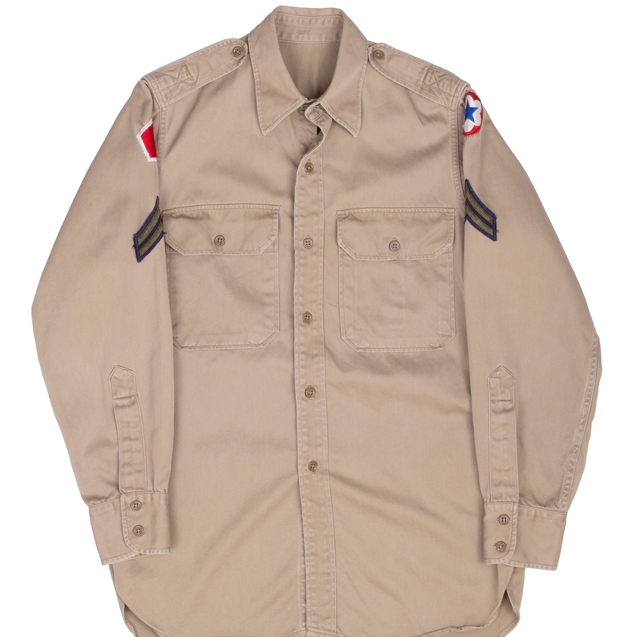 Vintage US Army Patched Khaki Shirt - Post WW2 Military Uniform - Medium Size - Authentic Military Apparel for Collectors & Reenactments