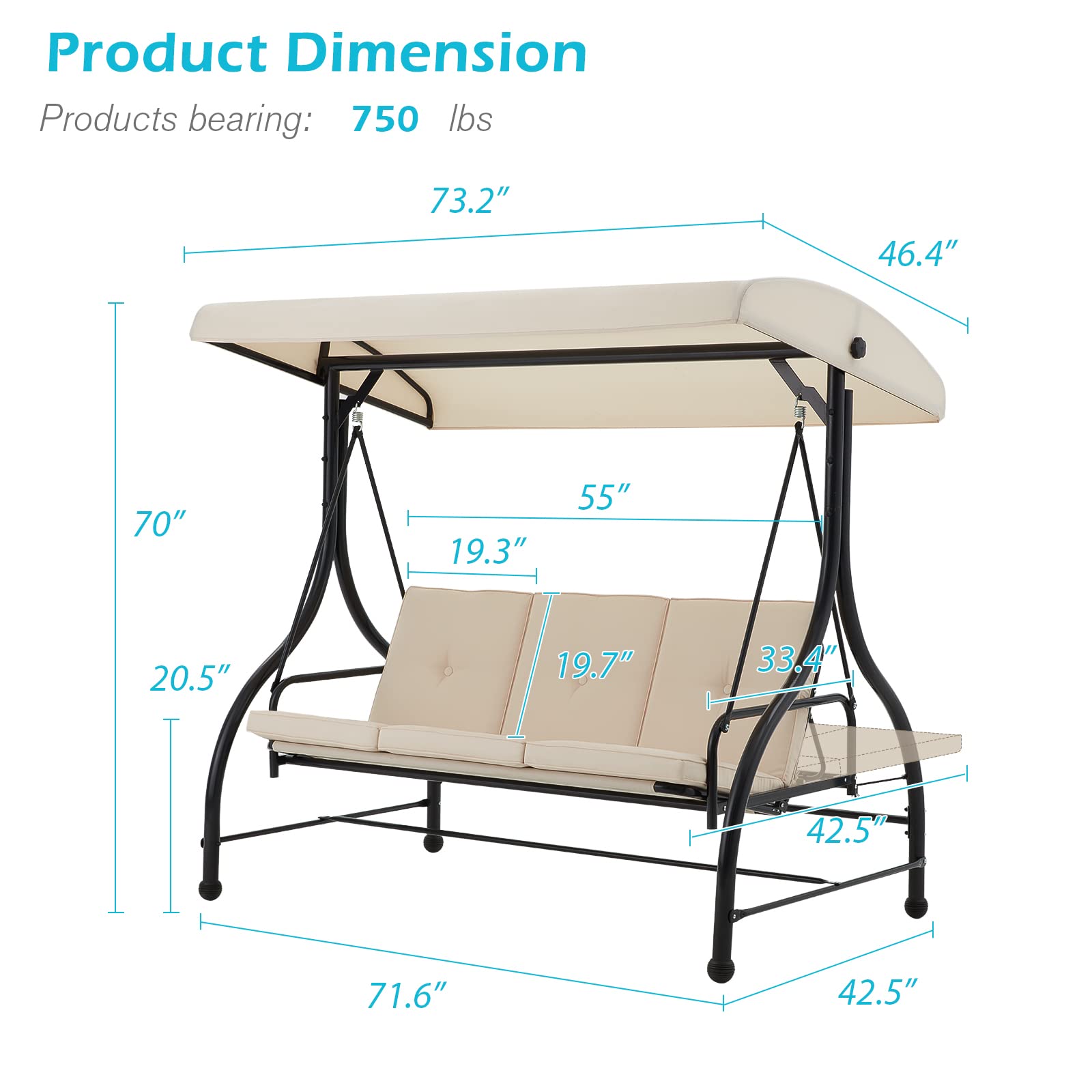AECOJOY 3-Seat Porch Swing Chair with Adjustable Canopy & Stand - Outdoor Patio Swing Bed with Removable Beige Cushions - Perfect for Backyard, Garden, and Deck Relaxation