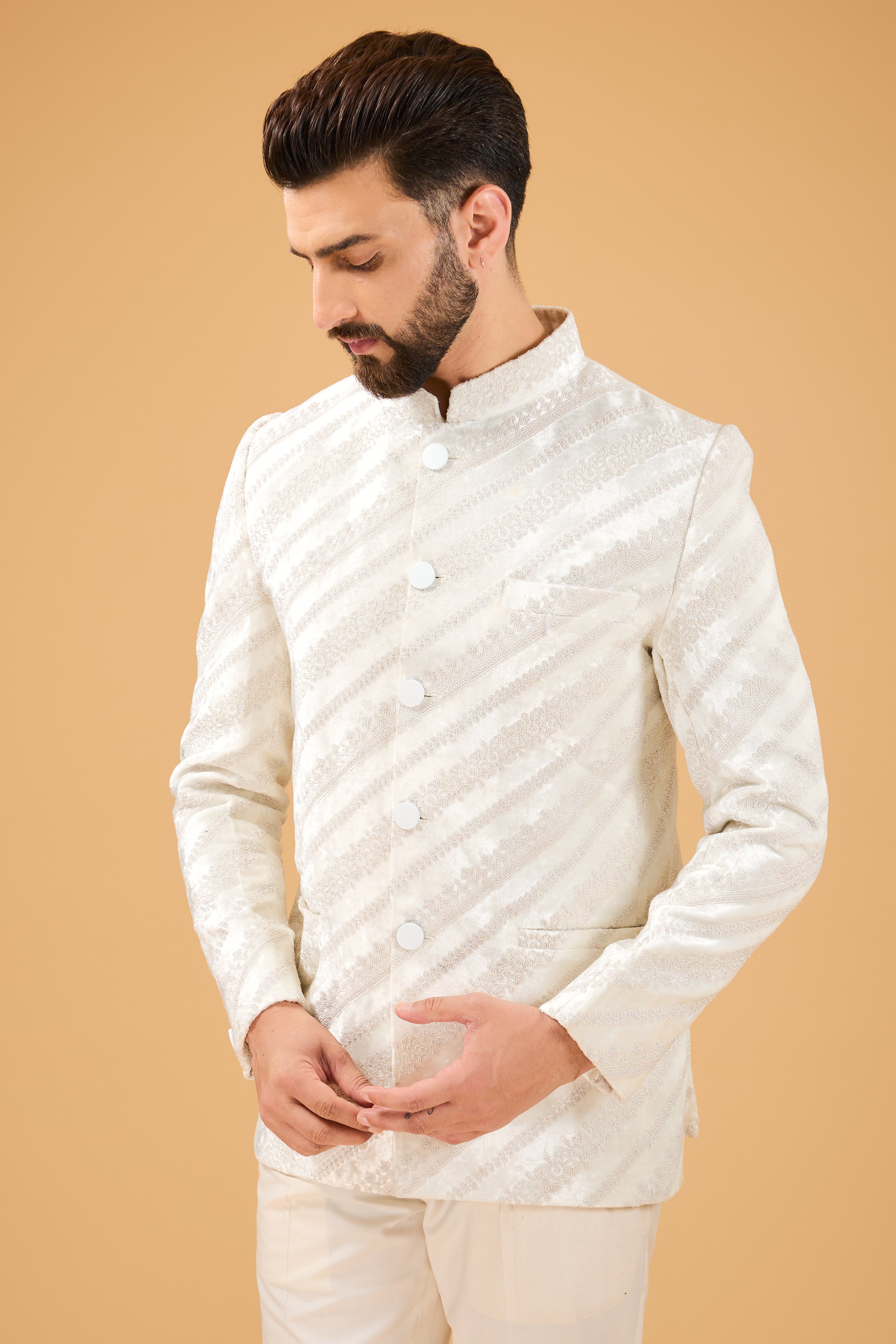 Exquisite Ivory Bandhgala with Intricate Dori Work on Velvet - Perfect for Weddings, Festivals & Special Occasions