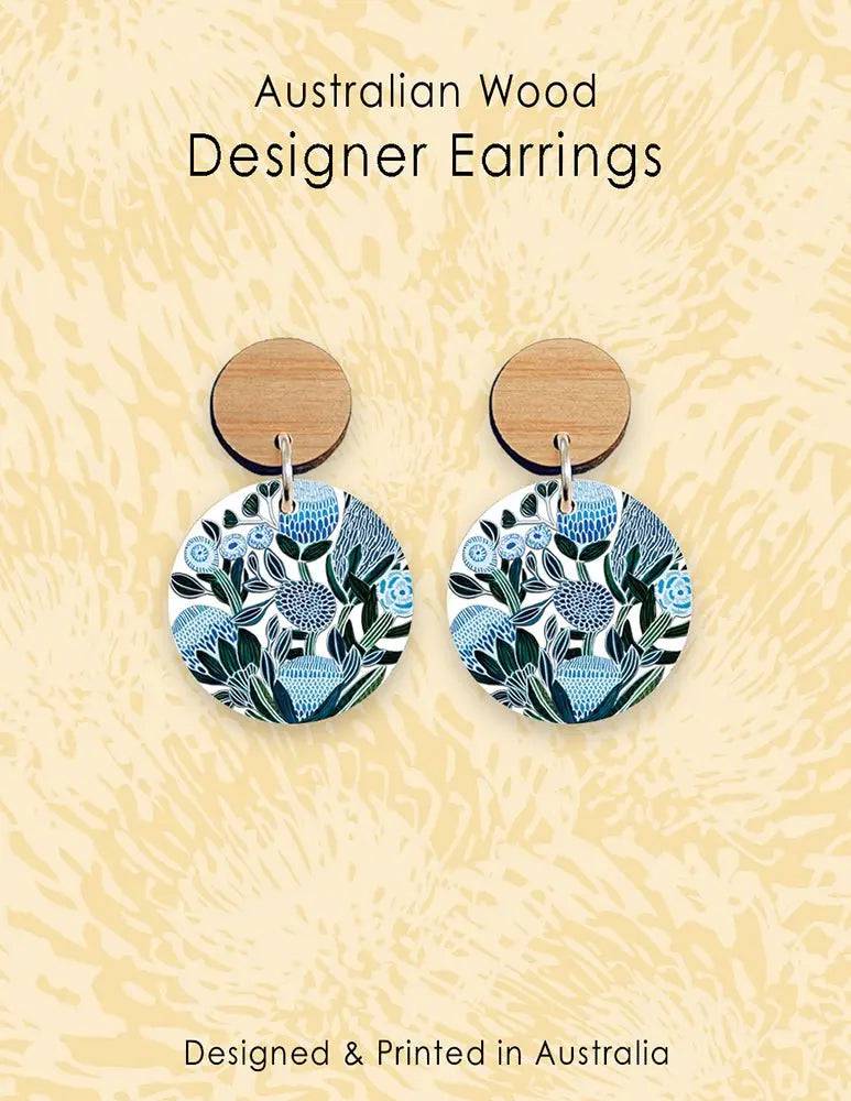 Blue Banksias Wooden Earrings for Women – Handmade Boho Dangle Earrings – Lightweight Wooden Jewelry for Everyday Wear, Parties & Special Occasions