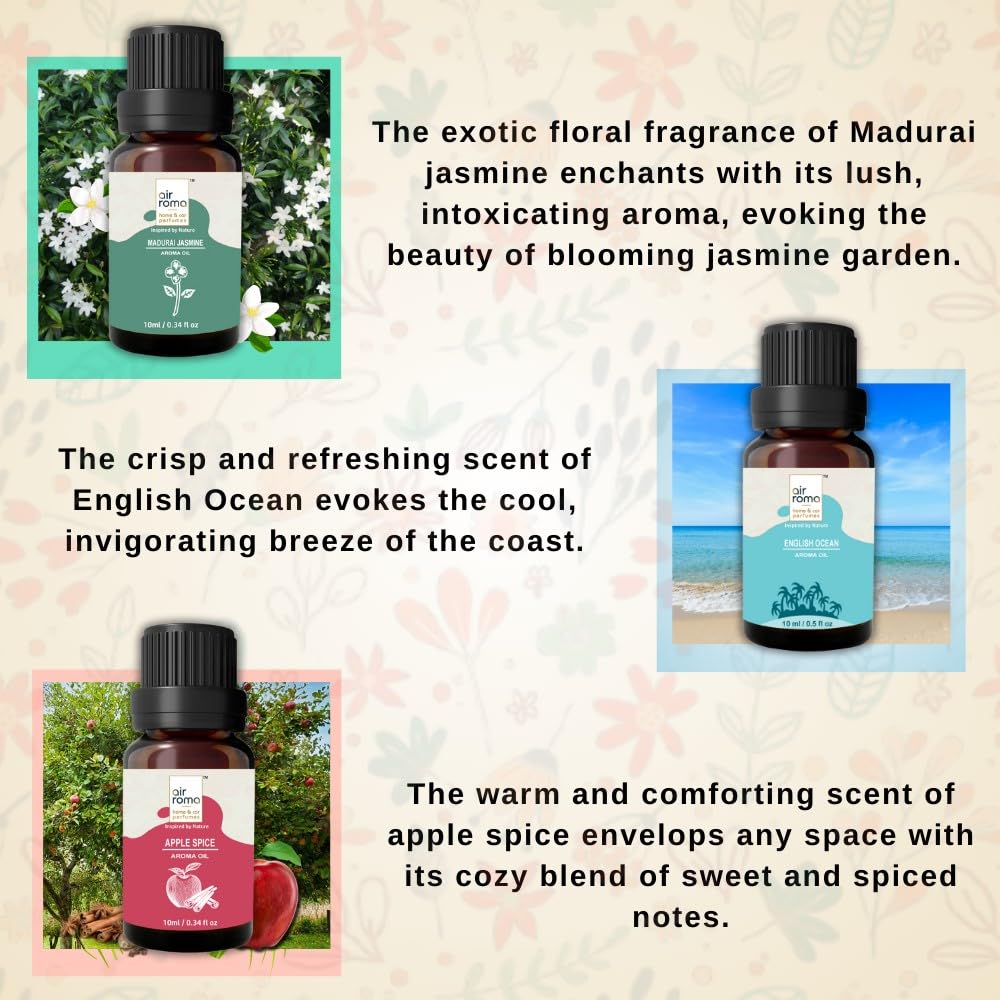 Premium AIR-ROMA Essential Oil Diffuser Set - 6 Fragrances (Lemongrass, Japanese Rose, Jasmine, Apple Spice, Ocean Breeze, Ginger Lily) 60ml Bottles for Aromatherapy, Home Relaxation, Office & Spa Use