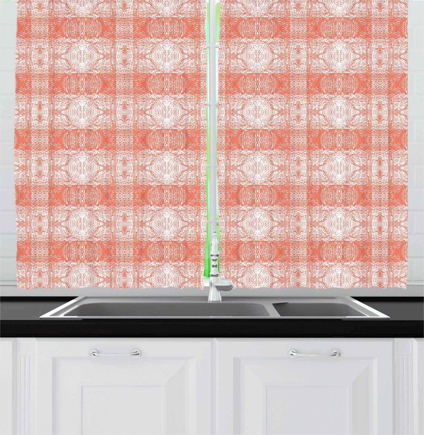 Ambesonne Abstract Kitchen Curtains - Scandinavian Inspired Hand-Painted Monochrome Design with Quirky Motifs, 2-Panel Window Drapes for Kitchen & Cafe Decor, 55 x 39 Inches, Salmon & White - Perfect for Modern Homes, Restaurants, and Cozy Coffee Shops
