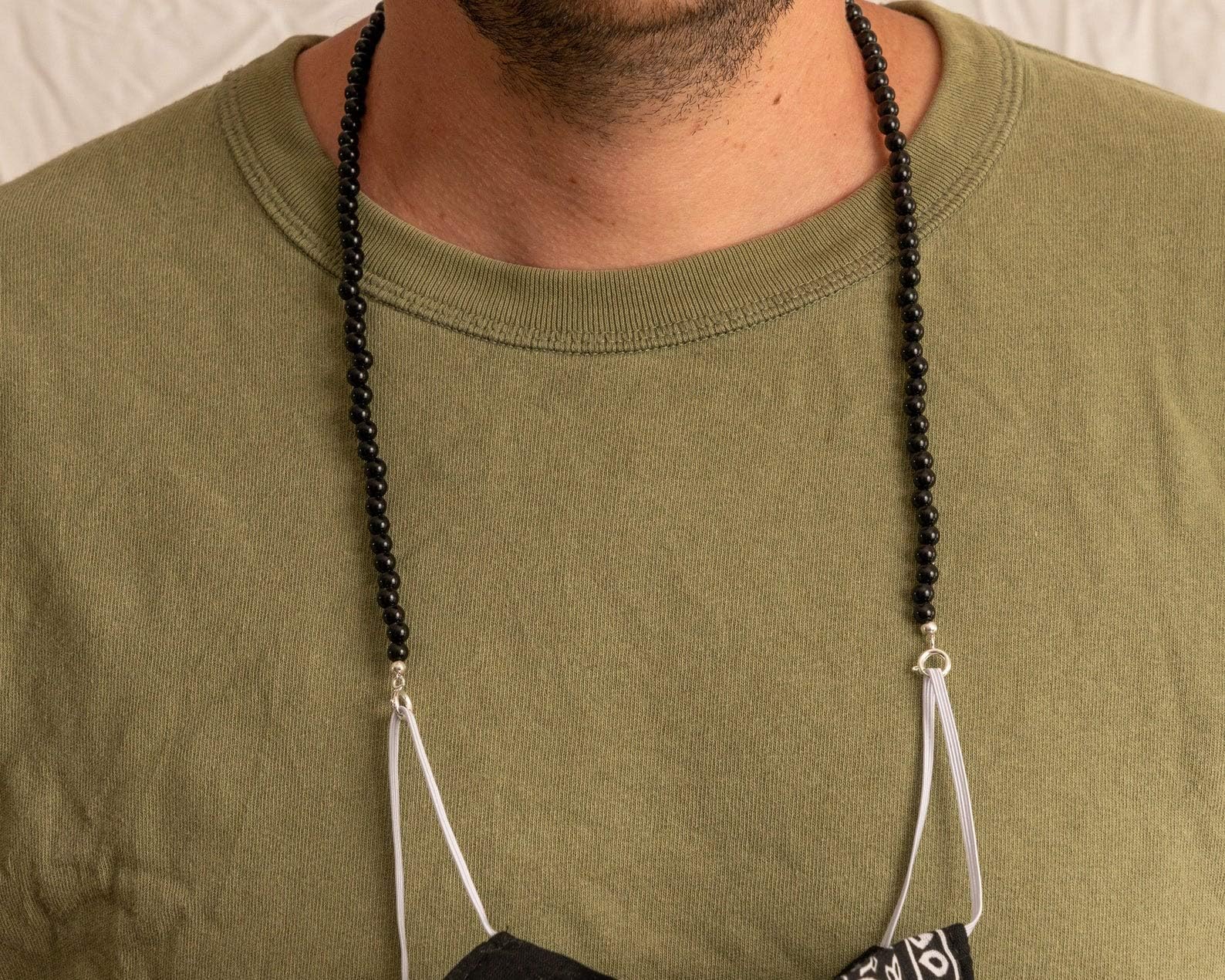 Black Onyx Beaded Face Mask Chain Lanyard for Men & Kids - 25