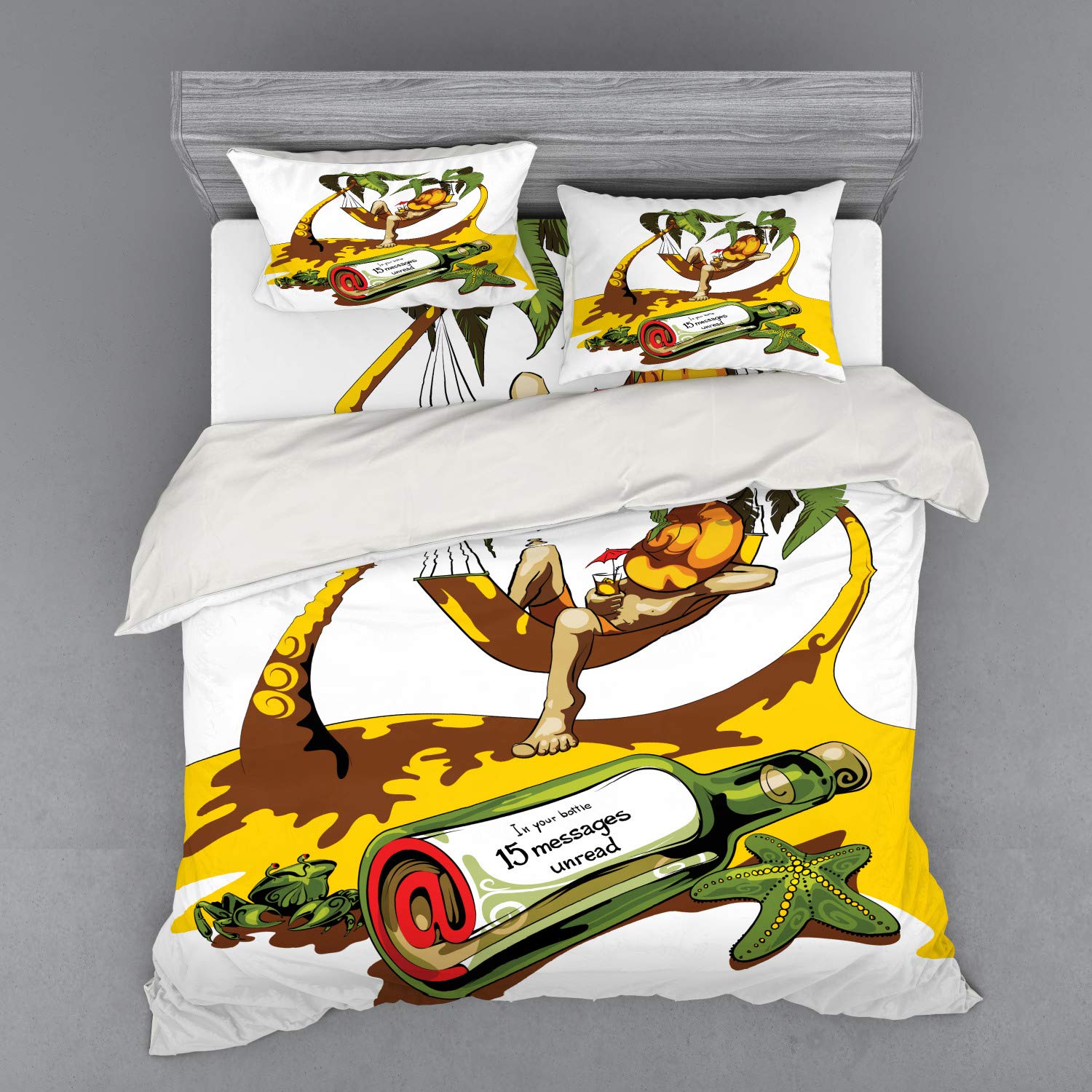 Ambesonne 4-Piece King Size Beach Duvet Cover Set - Tropical Hammock & Message in a Bottle Design, White Green Yellow Bedding with Shams & Fitted Sheet | Perfect for Coastal, Vacation Home or Summer Themed Bedrooms
