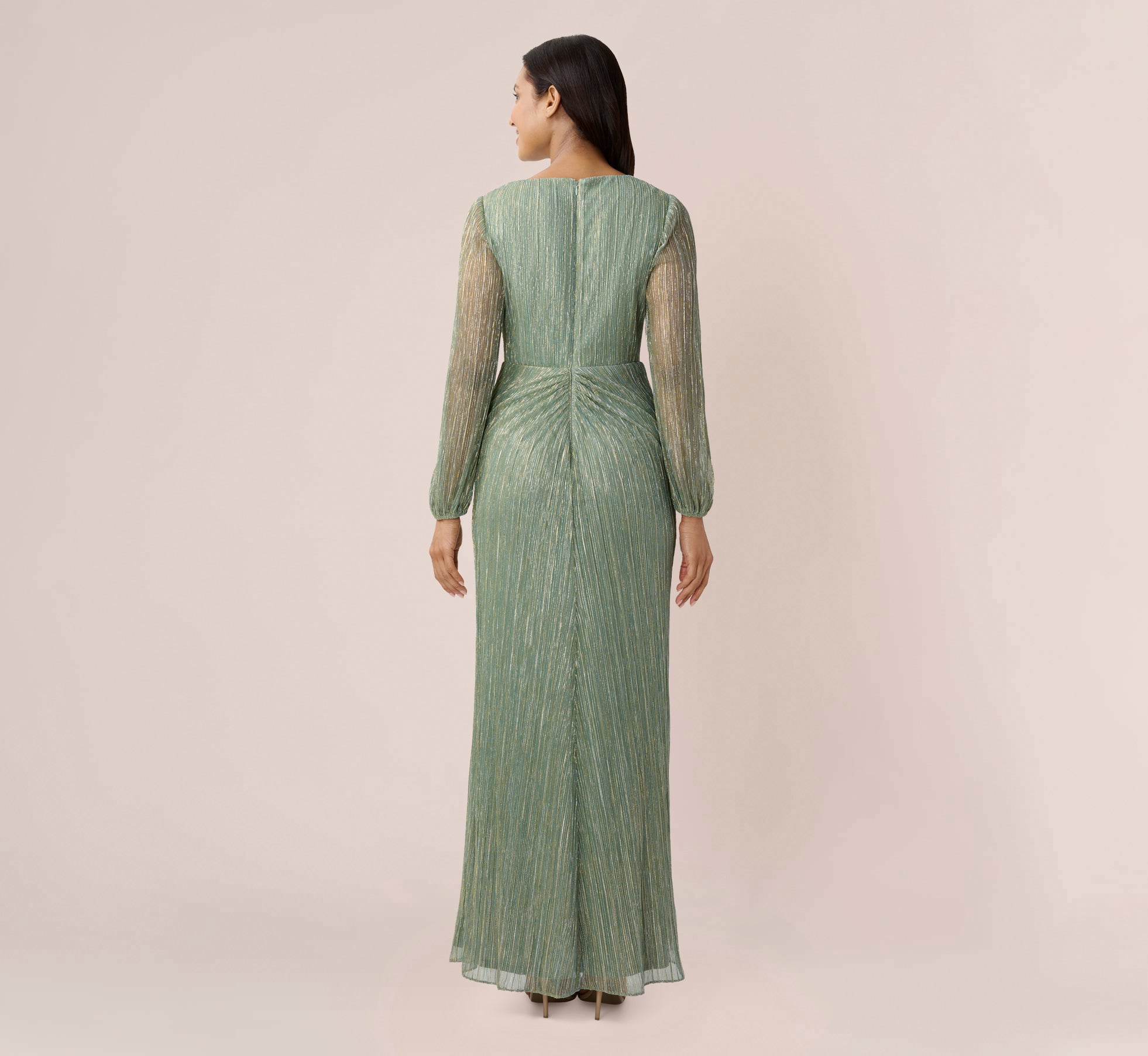 Elegant Metallic Crinkled Mesh Draped Long Gown - Slate Green Evening Dress for Prom, Gala & Formal Events