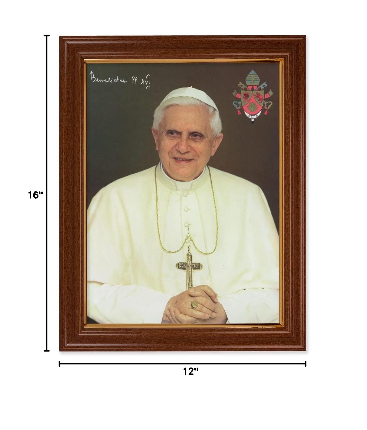 Pope Benedict XVI Framed Wall Art - Extra Large Religious Portrait in Traditional Dark Walnut Frame with Gold Accent | Perfect for Home Chapel, Church Decor & Catholic Gift