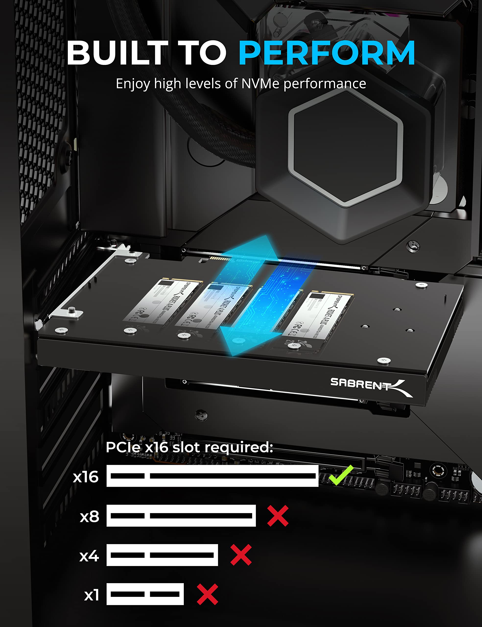 SABRENT 4-Drive NVMe SSD to PCIe 4.0 X16 Adapter Card with Active Cooling - High Speed Storage Expansion for Gaming PC, Workstation & Video Editing [EC-P4BF]