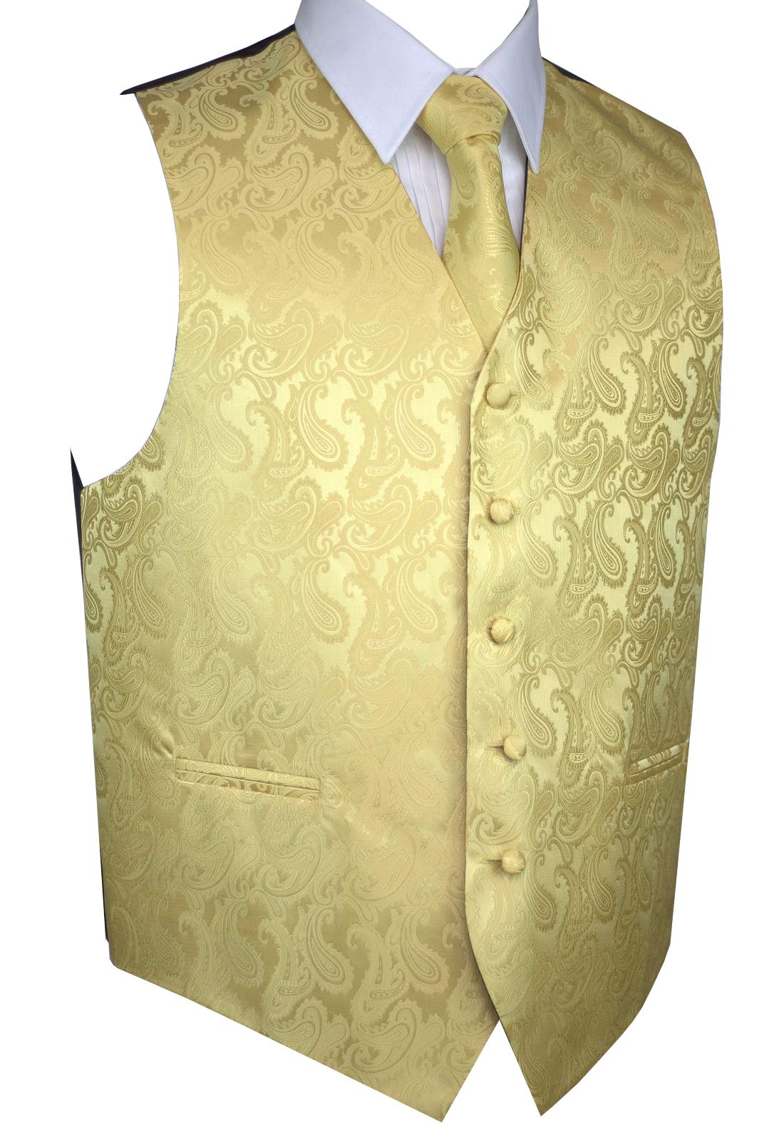 Brand Q Men's Formal Prom Wedding Tuxedo Vest, Tie & Hankie Set - Gold Paisley Pattern for Grooms, Best Men & Formal Events - Perfect for Weddings, Proms, Black Tie Galas & Special Occasions