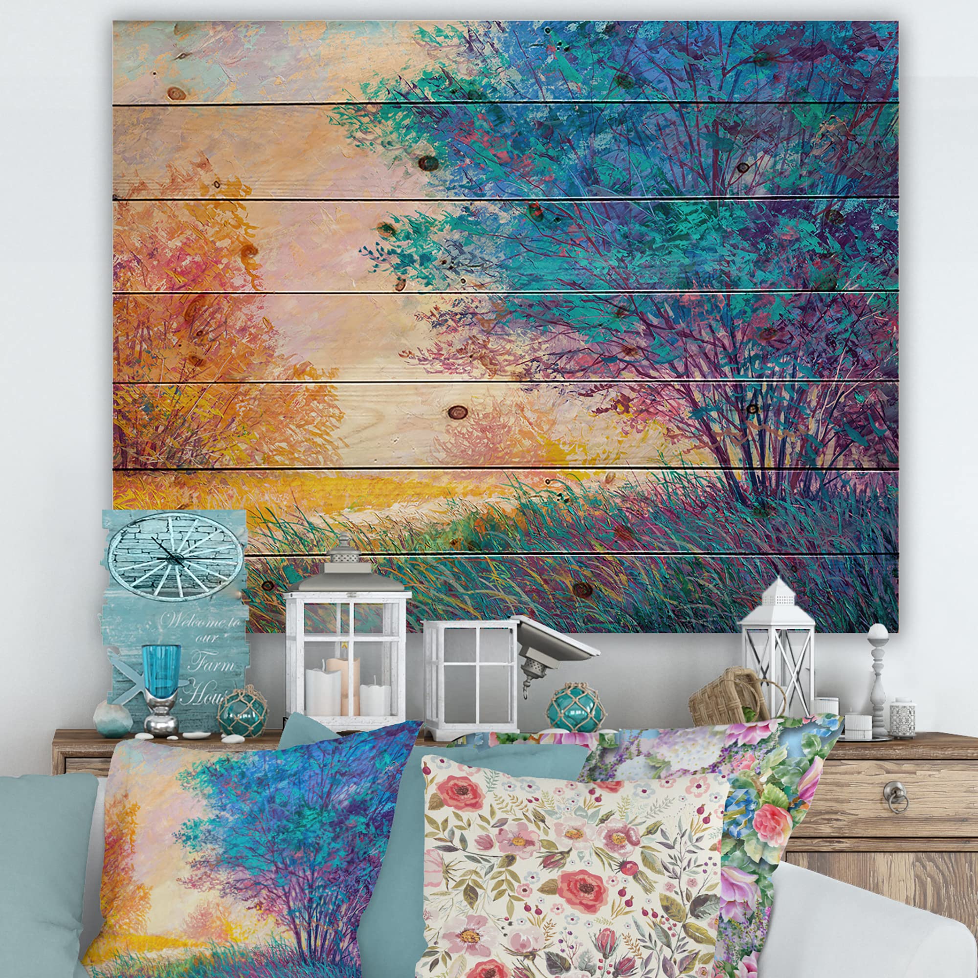 DesignQ Autumn Sunset Landscape Wood Wall Art - Traditional Blue Wood Wall Decor, Large Pine Wood Wall Panels for Living Room, Bedroom & Office Decor