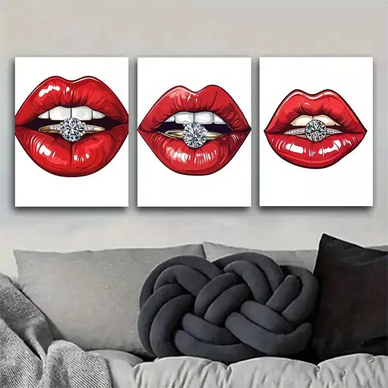3-Piece Glamorous Red Lips with Diamond Ring Wall Art Set - Framed Canvas 40x60cm (16x24in) - High Quality Print - 100% Australian Made - Ready to Hang - Perfect for Living Room, Bedroom & Office Decor
