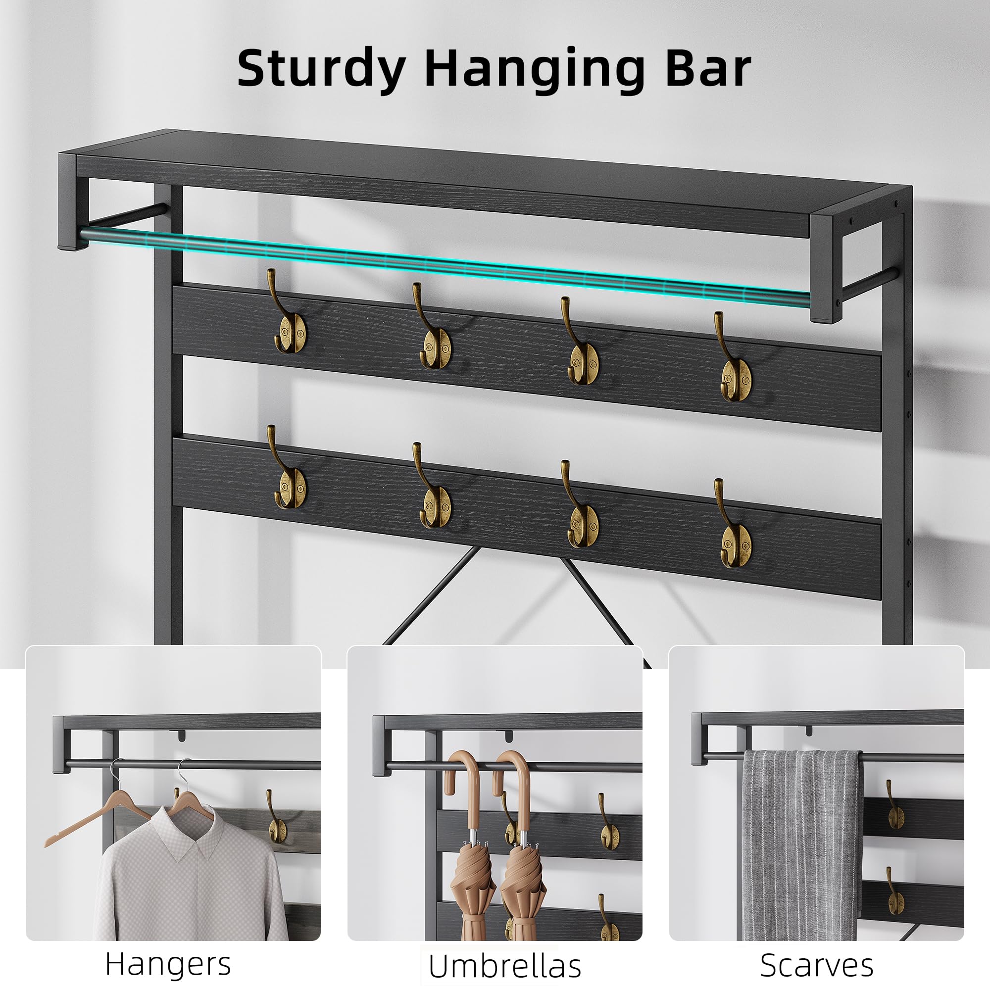 IDEALHOUSE Industrial Coat Rack Shoe Bench with Storage Shelf & 8 Hooks - 39.9