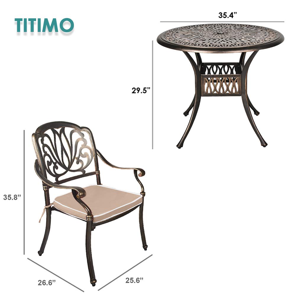 TITIMO 3-Piece All-Weather Outdoor Patio Dining Set - Cast Aluminum Round Table & Chairs with Cushions & Umbrella Hole - Perfect for Garden, Deck, Backyard & Poolside Relaxation (Khaki)