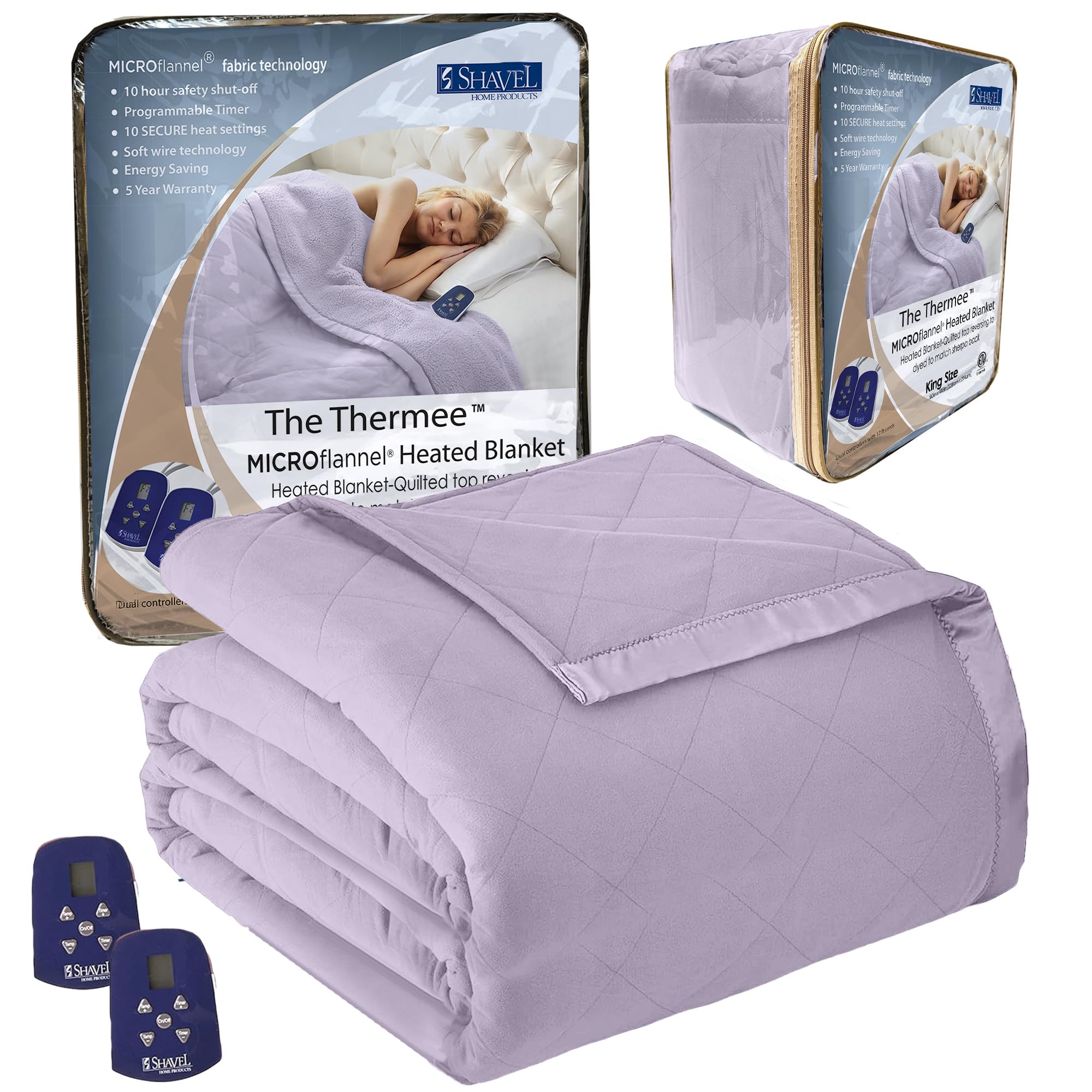 Premium King Size Thermee Micro Flannel Heated Blanket - 10 Heat Settings, Programmable Electric Warming Blanket, Ultra Soft & Fast Heating Throw for Bed, Couch & Winter Use - Luxurious Lilac Color