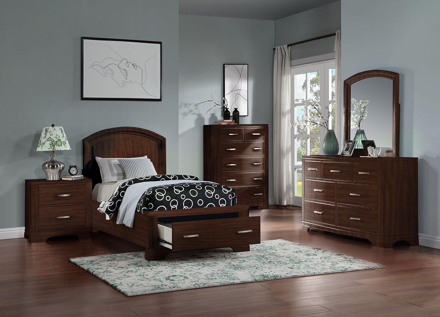Arista 3-Piece Twin Storage Bed Frame with Underbed Drawers - Brown Cherry Finish - Space-Saving Bedroom Furniture for Small Rooms, Kids Rooms & Guest Rooms