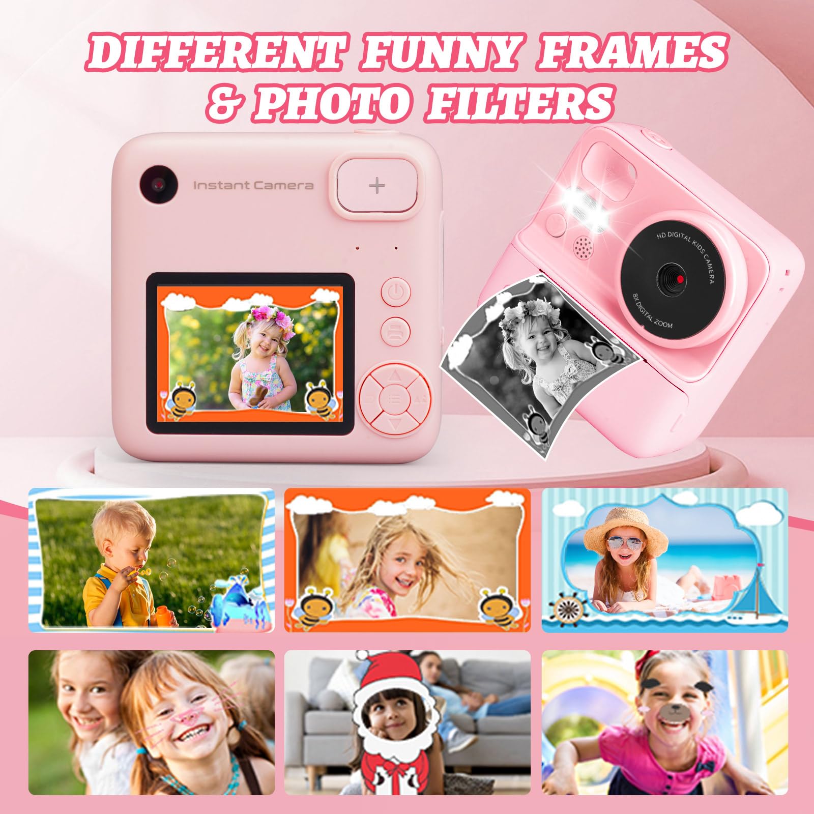 Instant Print Kids Camera with Silicone Cover - Dual Lens Digital Camera Toy for Boys & Girls Ages 3-12 | Perfect Birthday Gift for Toddlers, Travel & Family Fun (Pink)