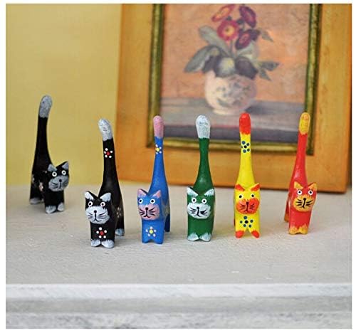 Set of 6 Handcrafted Wooden Cat Figurines - 4.25