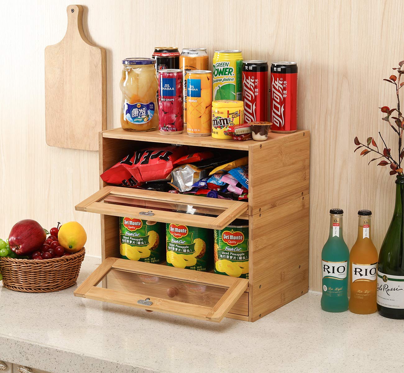 **2-Tier Bamboo Bread Box with Window & Utensil Drawer - Stackable Kitchen Countertop Storage for Bread, Buns & Pastries - Natural Wood Organizer for Small Spaces**