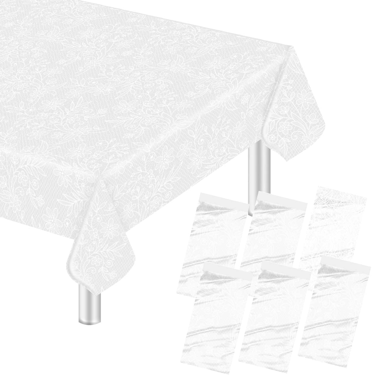 HEIPINIUYE 6 Pack White Plastic Lace Tablecloth 54 x 108 Inch - Disposable Elegant Lace Table Cover for Wedding, Bridal Shower, Baby Shower, Birthday Party, Anniversary & Holiday Decorations - Perfect for Indoor/Outdoor Events