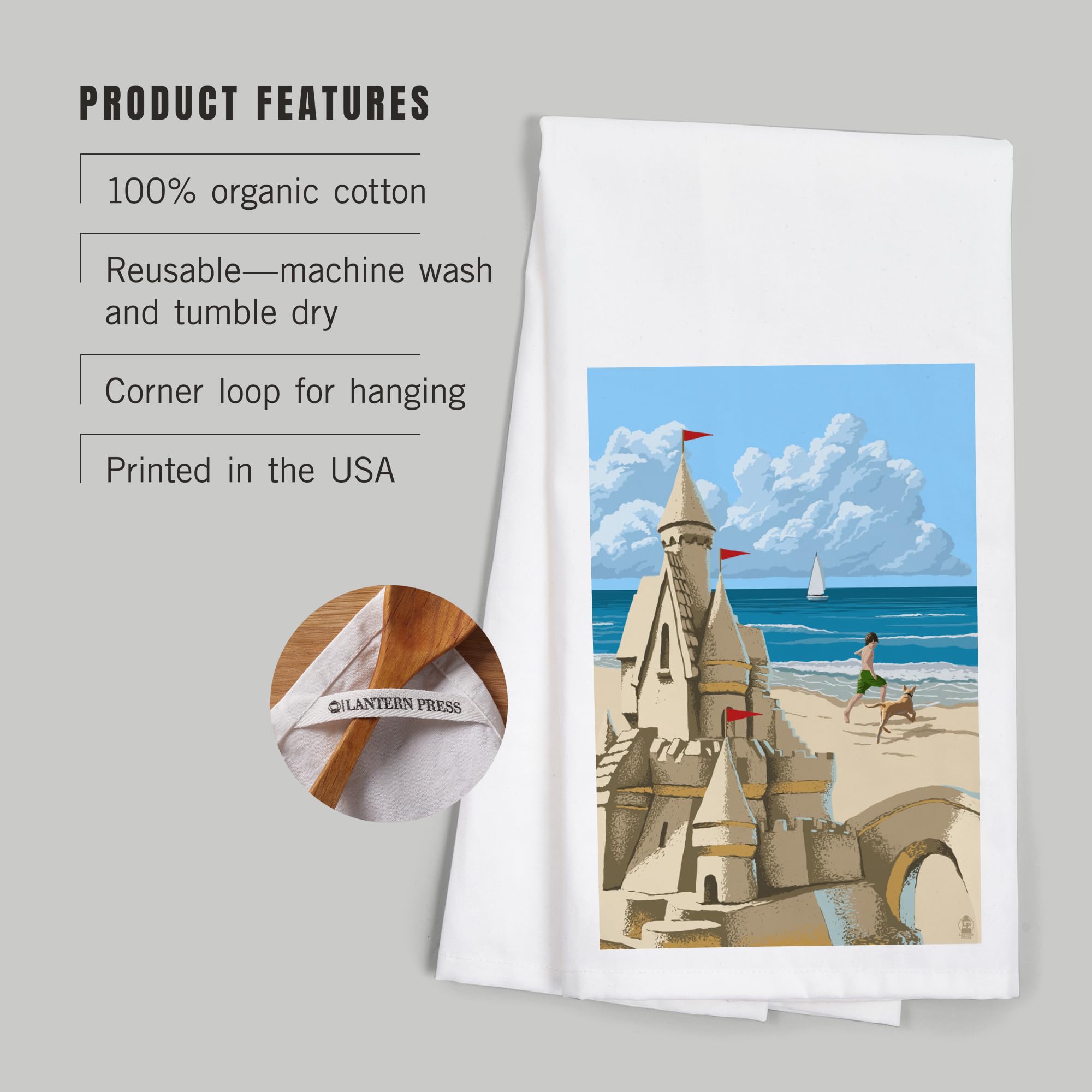 Lantern Press Sand Castle 100% Cotton Tea Towel - Decorative Hand Towel for Kitchen, Home Decor & Beach House - Perfect for Drying Dishes, Gift Giving & Coastal Themed Decor