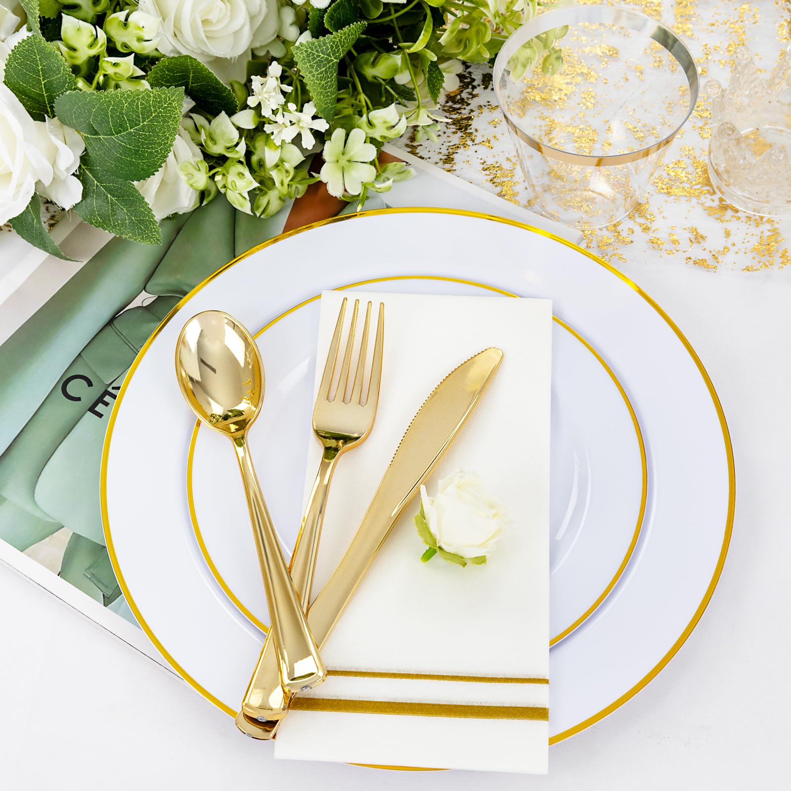 350-Piece Disposable Dinnerware Set for 50 Guests - Elegant White & Gold Plastic Plates, Cups, Napkins & Silverware | Perfect for Weddings, Parties, BBQs & Catering Events