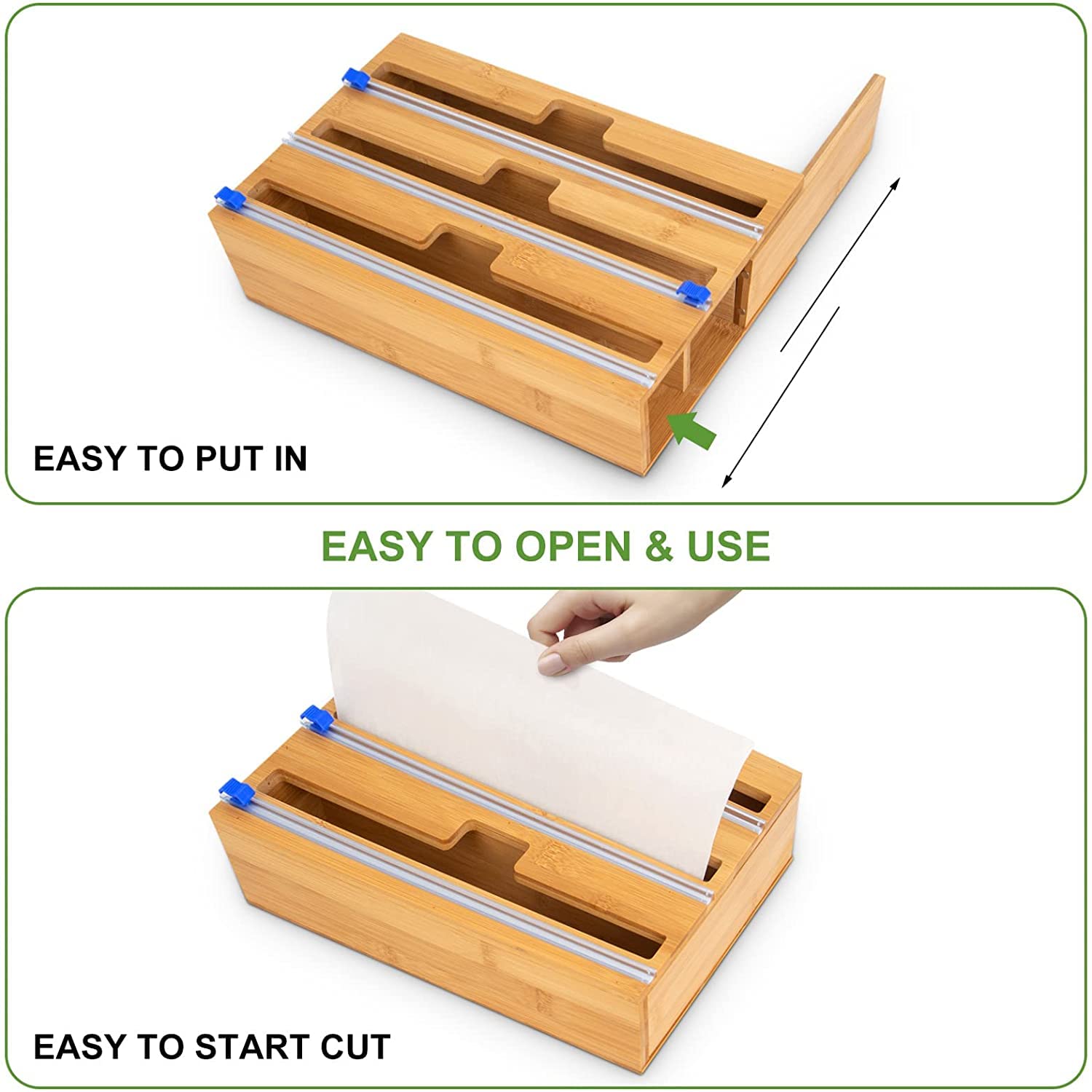 3-in-1 Bamboo Wrap Dispenser with Cutter & Labels - Plastic Wrap, Aluminum Foil & Wax Paper Organizer for Kitchen Drawer - Hanging Roll Holder Fits 12