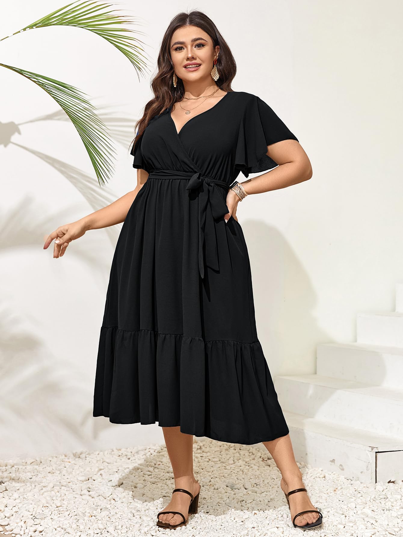 Elegant SCOMCHIC Plus Size Wedding Guest Dress - Summer Wrap V-Neck Short Sleeve with Belt & Ruffle Hem A-Line Flowy Maxi Dress for Women | Perfect for Weddings, Parties & Special Occasions