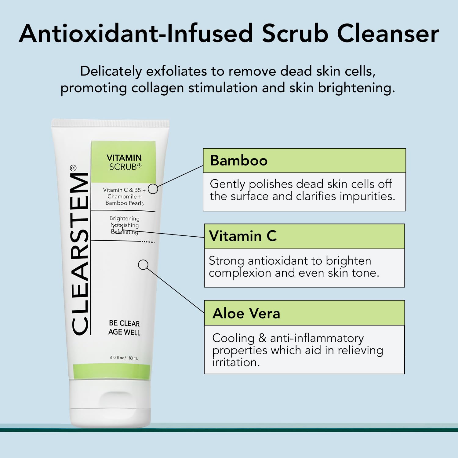 CLEARSTEM Vitamin C Scrub - Antioxidant-Infused Exfoliating Face Wash & Body Scrub with Hemp & Bamboo | Vegan, Gluten Free, Cruelty Free Skincare (6 fl oz/177ml) | Perfect for Brightening Dull Skin & Reducing Blemishes