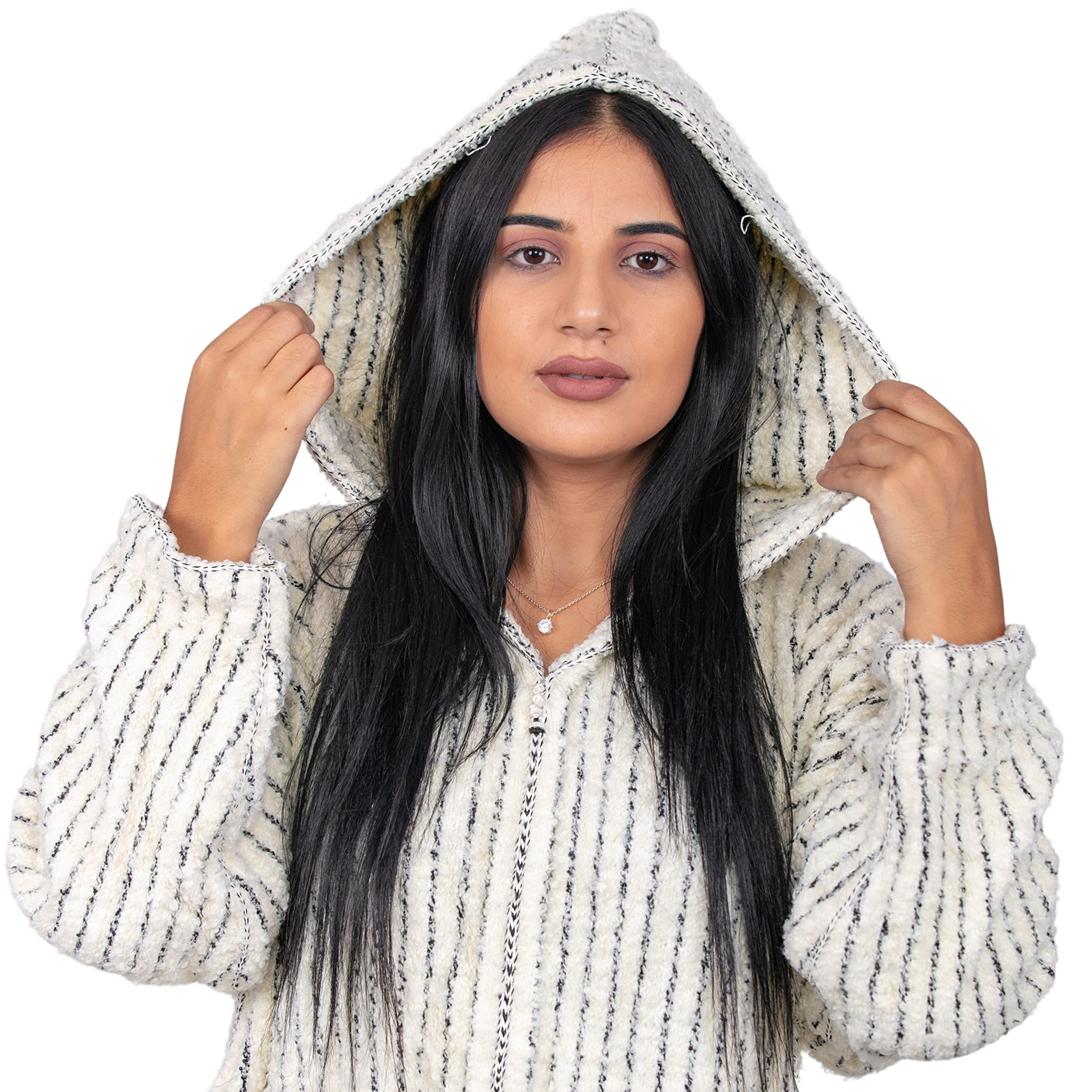 HibArt - Handmade Boho Wool Djellaba Sweater Coat Hoodie Caftan Dress for Women - Striped Long Winter Dress (S, White & Black) - Perfect for Boho Fashion, Winter Layering & Cozy Home Wear