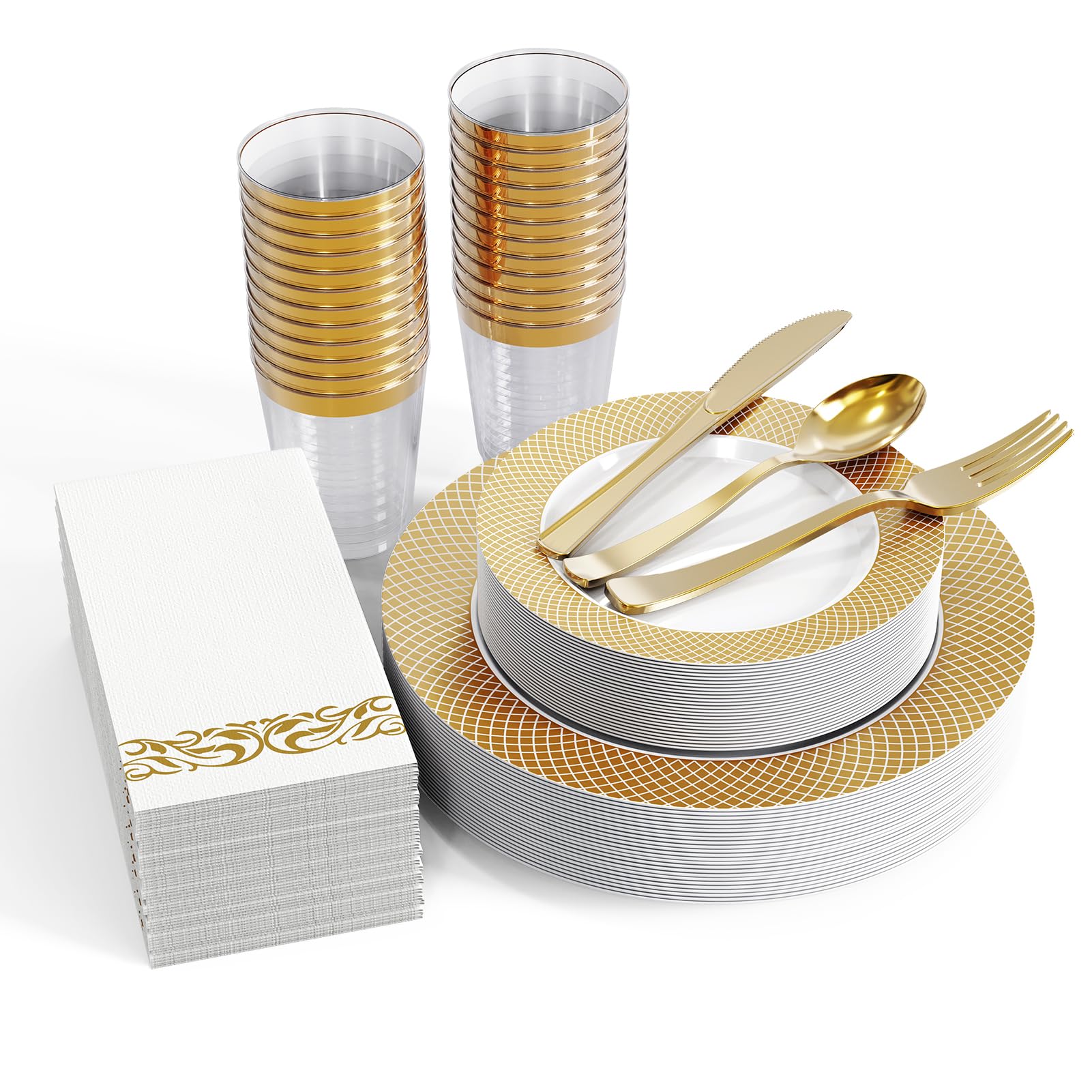 FOCUSLINE 175-Piece Gold Dinnerware Set for 25 Guests - Elegant Disposable Plastic Plates with Gold Grid Rim, Silverware, Cups & Napkins - Perfect for Weddings, Parties & Special Events