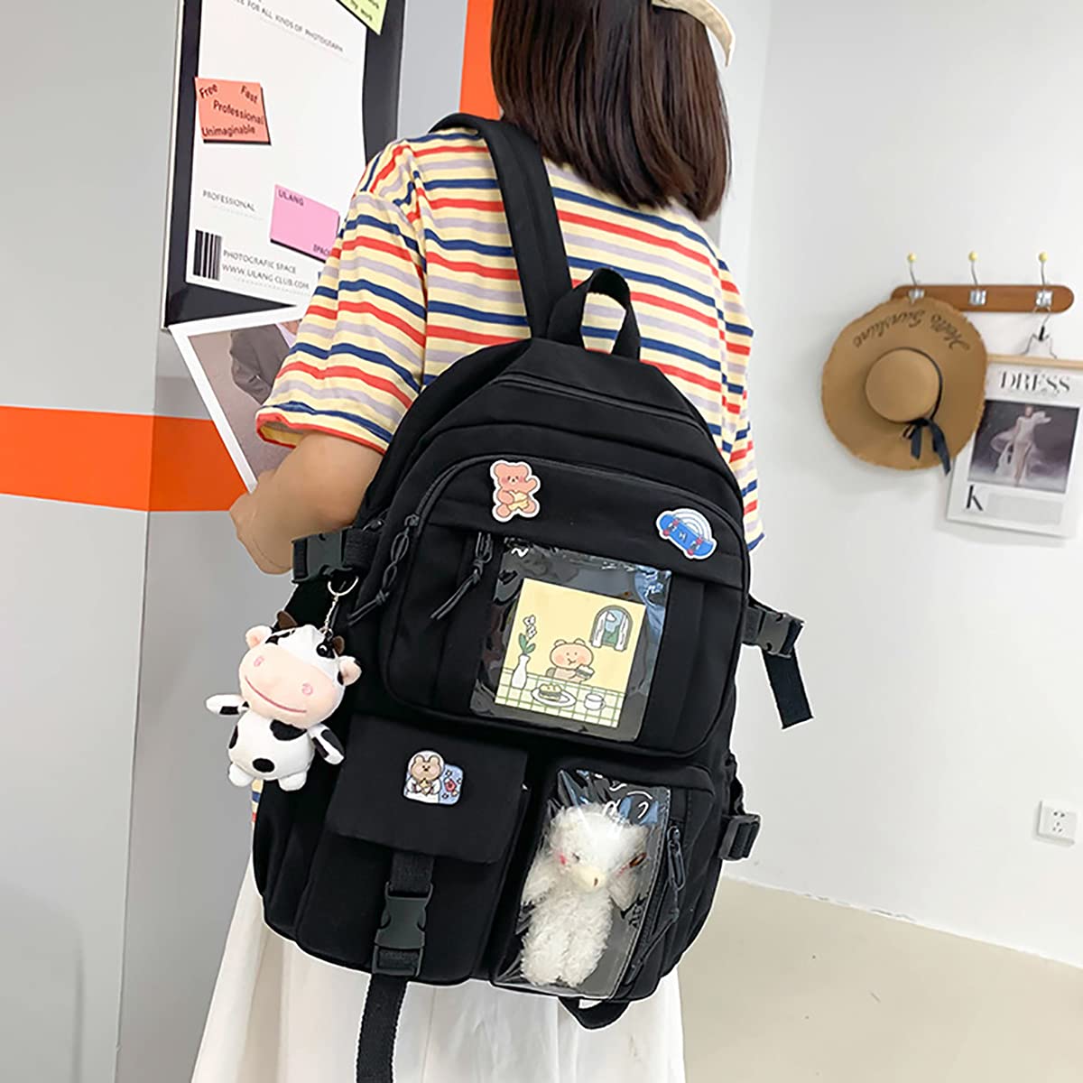 Cute Kawaii Aesthetic Backpack for Women - Lightweight Travel Backpack with Badge Pins & Keychain Pendant - Perfect for School, Work, Travel & Everyday Use