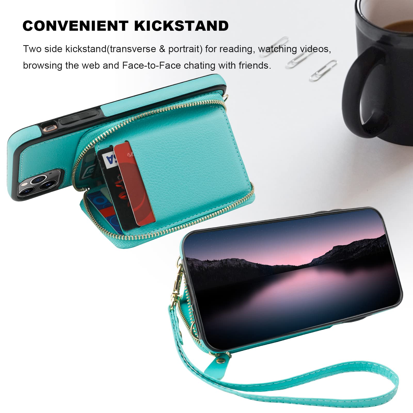 RFID Blocking Wallet Case for iPhone 11 Pro Max (6.5 Inch) - PU Leather Flip Folio with Adjustable Crossbody Strap, Detachable Wrist Strap & Kickstand - Mint Green - Perfect for Travel, Shopping & Everyday Use