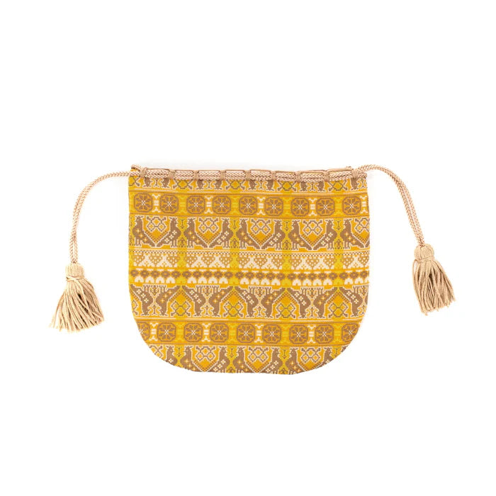 Nishijin Ori Small Drawstring Bag - Cock & Golden Brown - Handmade in Kyoto Japan - Traditional Japanese Craft Purse - Perfect for Coins, Jewelry & Gift Giving