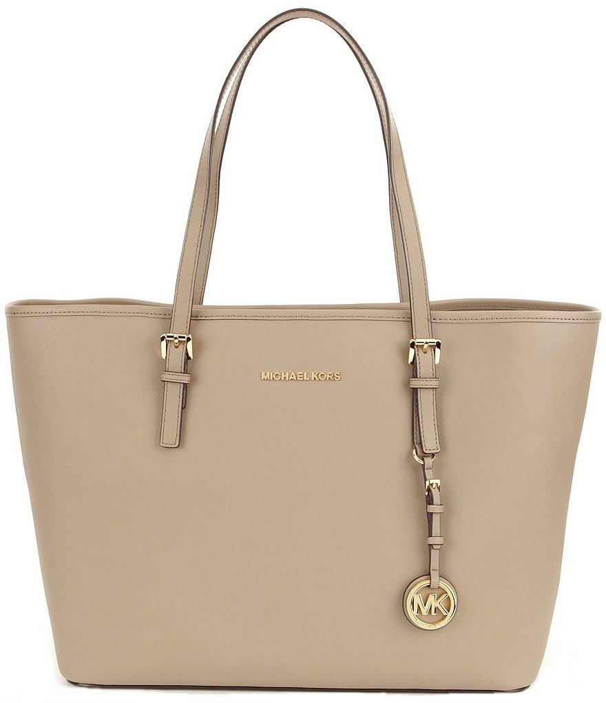 Michael Kors Jet Set Travel Saffiano Leather Medium Tote Bag for Women - Dark Taupe/Dark Dune | Stylish Work & Travel Handbag | Perfect for Office, Commute & Weekend Getaways | Professional, Casual & Travel Use