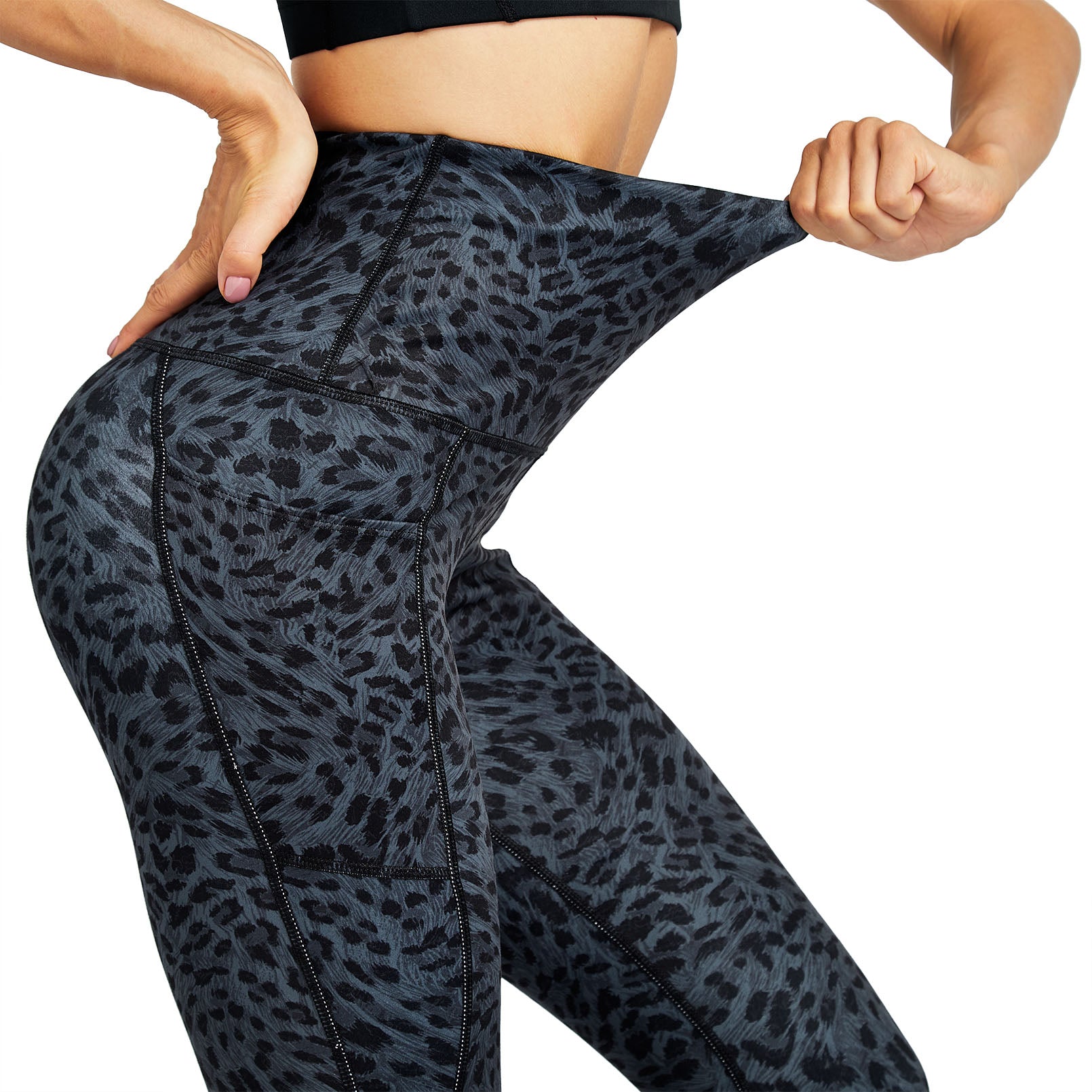 COOLOMG High Waisted Yoga Pants for Women - Side Pocket Workout Leggings in Black Leopard Print | Perfect for Gym, Running & Lounge Wear
